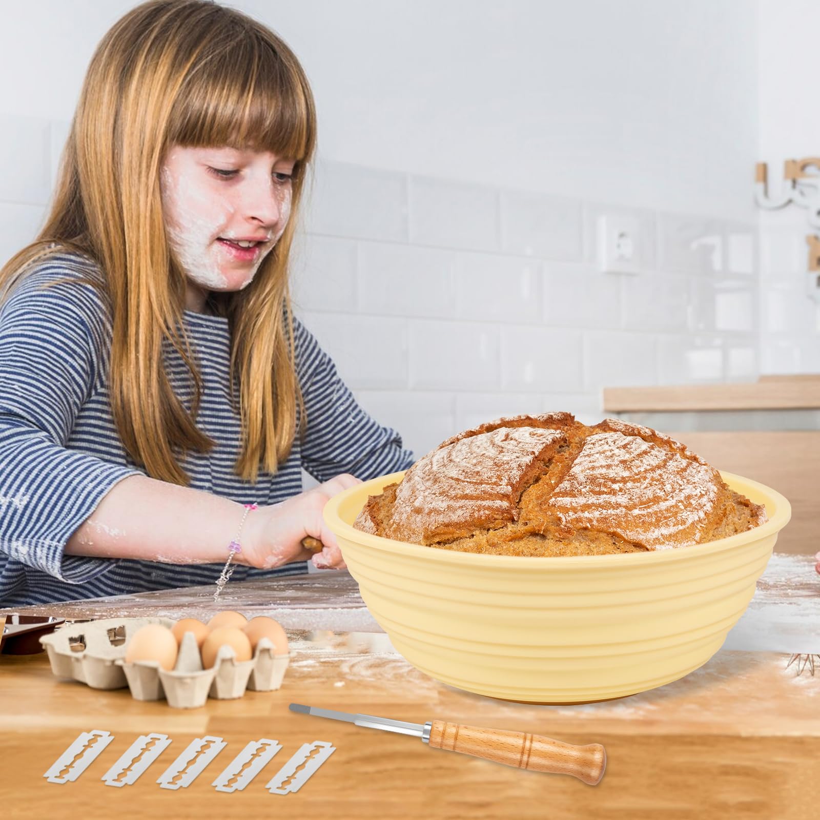 Silicone Banneton Proofing Basket Set - 9'' Dough Rising Bowl with 5-Piece Sourdough Scoring Tools Kit for Artisan Bread Baking | Perfect for Sourdough, Banneton, Danish Dough & Lame Bread | Home Bakery Essentials (Beige)
