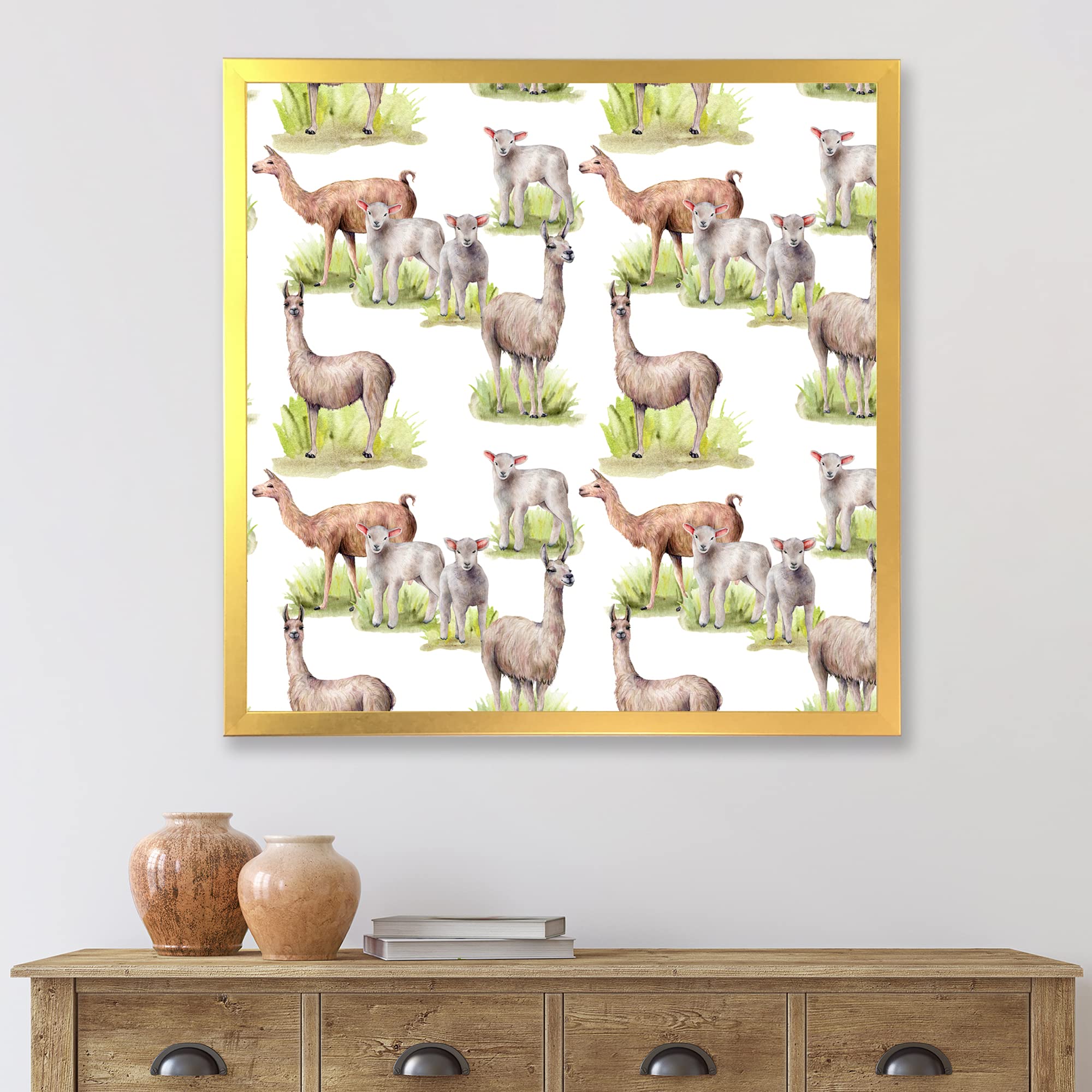 DesignQ Lamas and Lambs On A Green Meadow Framed Wall Art - Farmhouse Decor for Living Room, Bedroom & Nursery