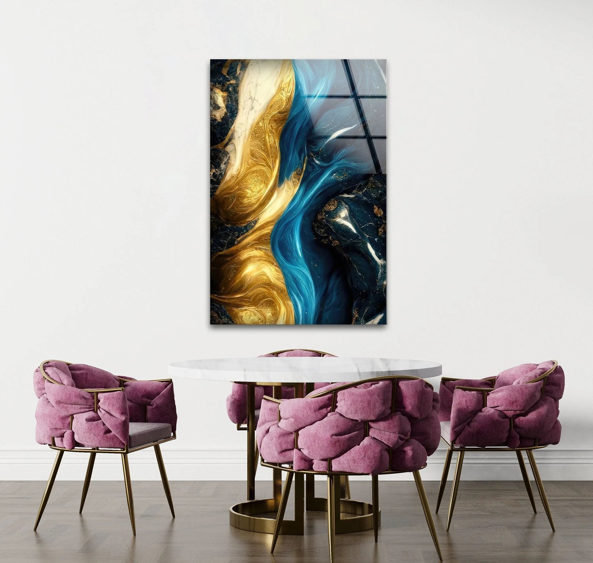 Abstract Marble Blue and Gold Glass Wall Art - Modern Home Decor for Living Room, Bedroom & Office - Elegant Handmade Glass Panel for Wall Display