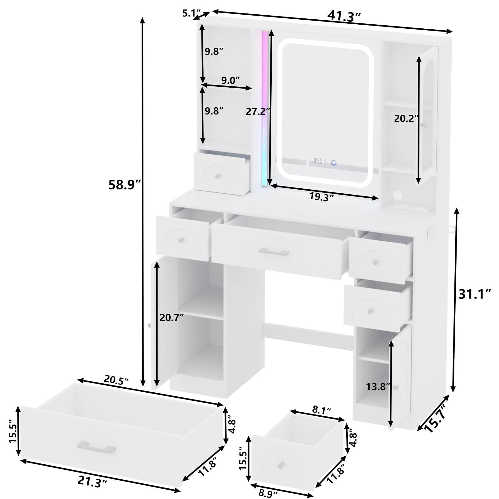 Fameill White Vanity Desk with LED Mirror & 5 Drawers - Makeup Table with RGB Lights & Storage for Bedroom