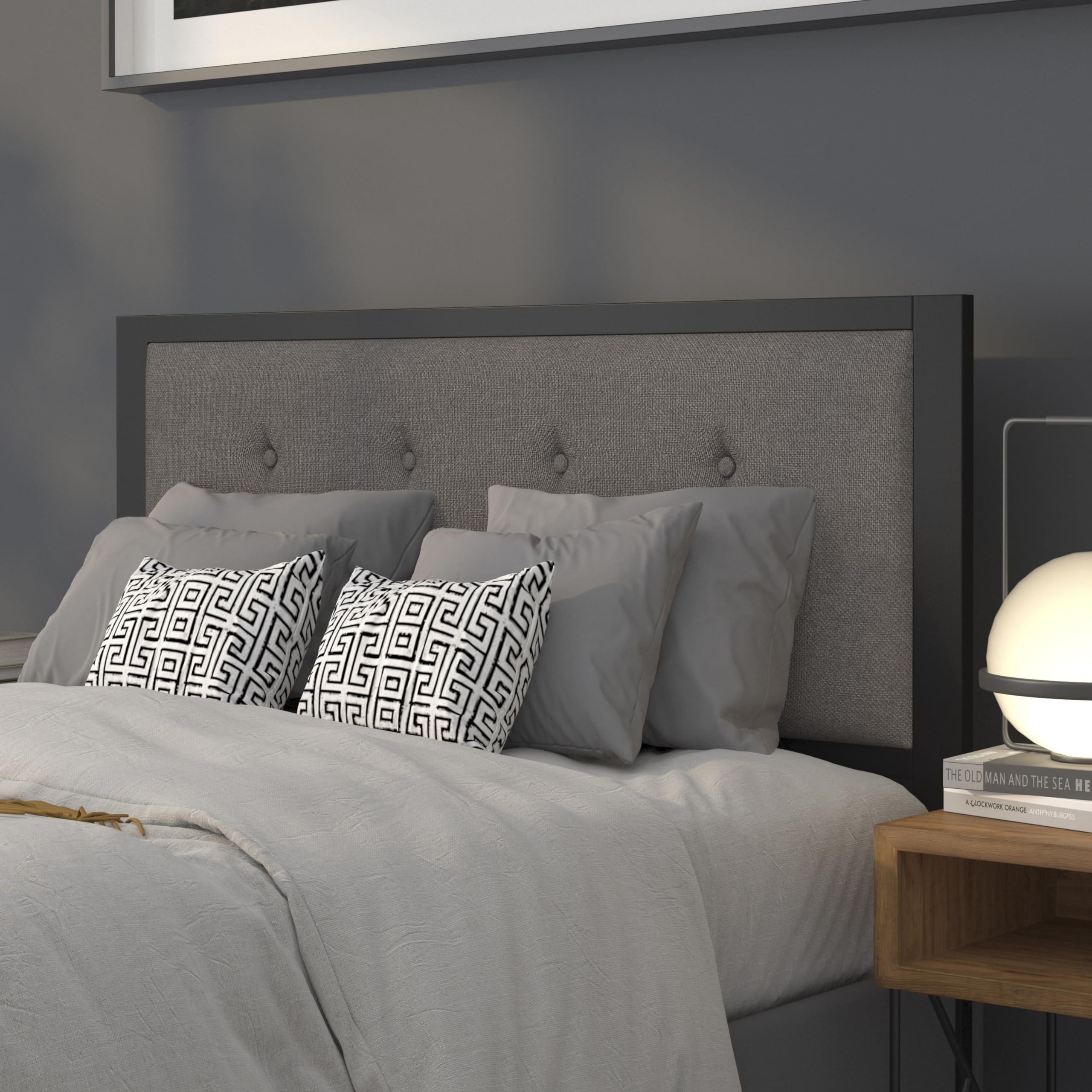 Full Size Upholstered Metal Panel Headboard - Tufted Dark Gray Fabric for Bedroom Decor | Modern Bed Frame Accent for Master & Guest Rooms