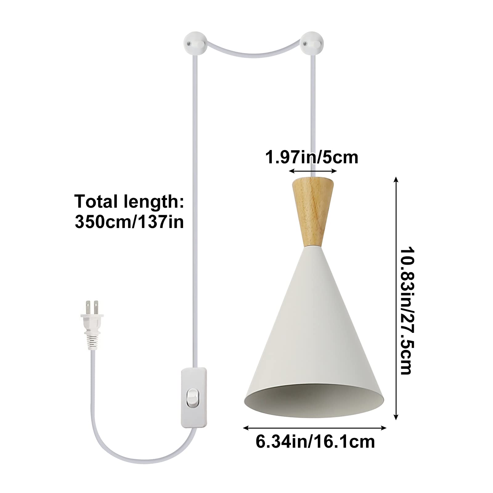 Modern White Plug-in Pendant Light Fixture with On/Off Switch - 11.5ft Adjustable Rope - Wood & Metal Design - Small Ceiling or Wall Mounted Hanging Light for Kitchen Island, Bedside, Dining Room, Living Room & Office Decor