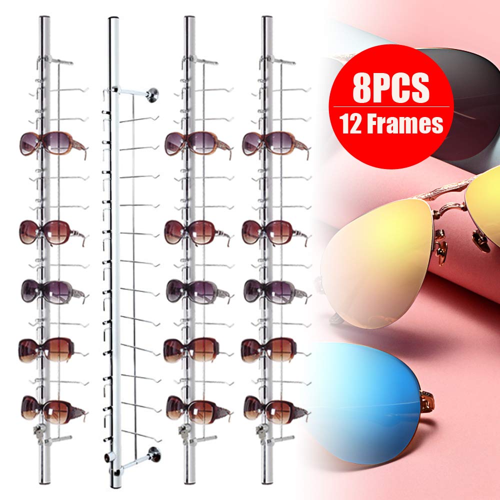 8 Pack Lockable Aluminum Sunglasses Display Stand - Holds 12 Pairs of Eyeglasses per Rod | Durable Eyewear Organizer for Retail Stores, Optical Shops & Boutique Displays
