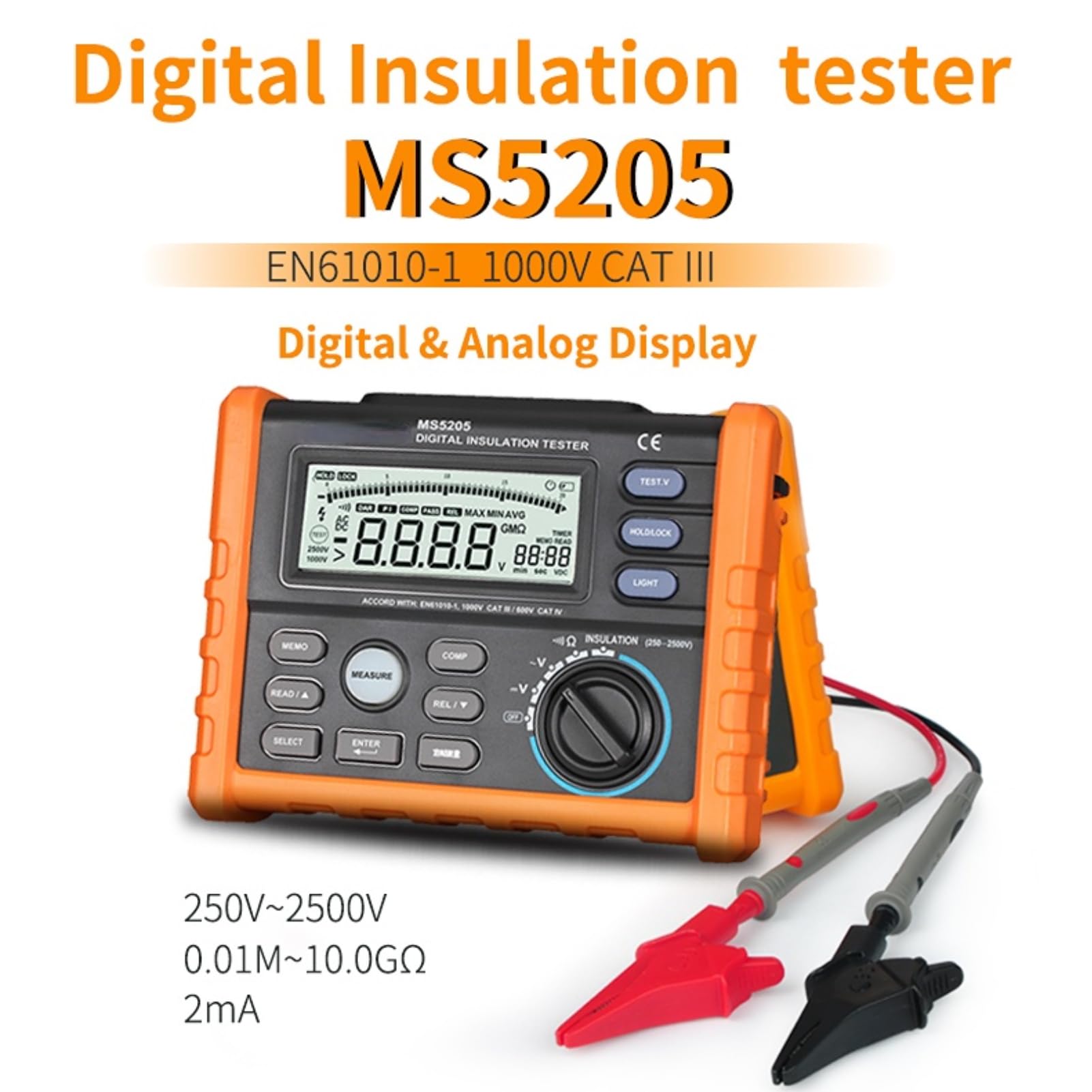 MS5205 Digital Insulation Tester - 0.01MΩ to 100GΩ Range with 250V-2500V Voltage | High Precision Insulation Resistance Multimeter for Electrical Safety Testing | Perfect for HVAC, Industrial Equipment & Home Wiring Maintenance