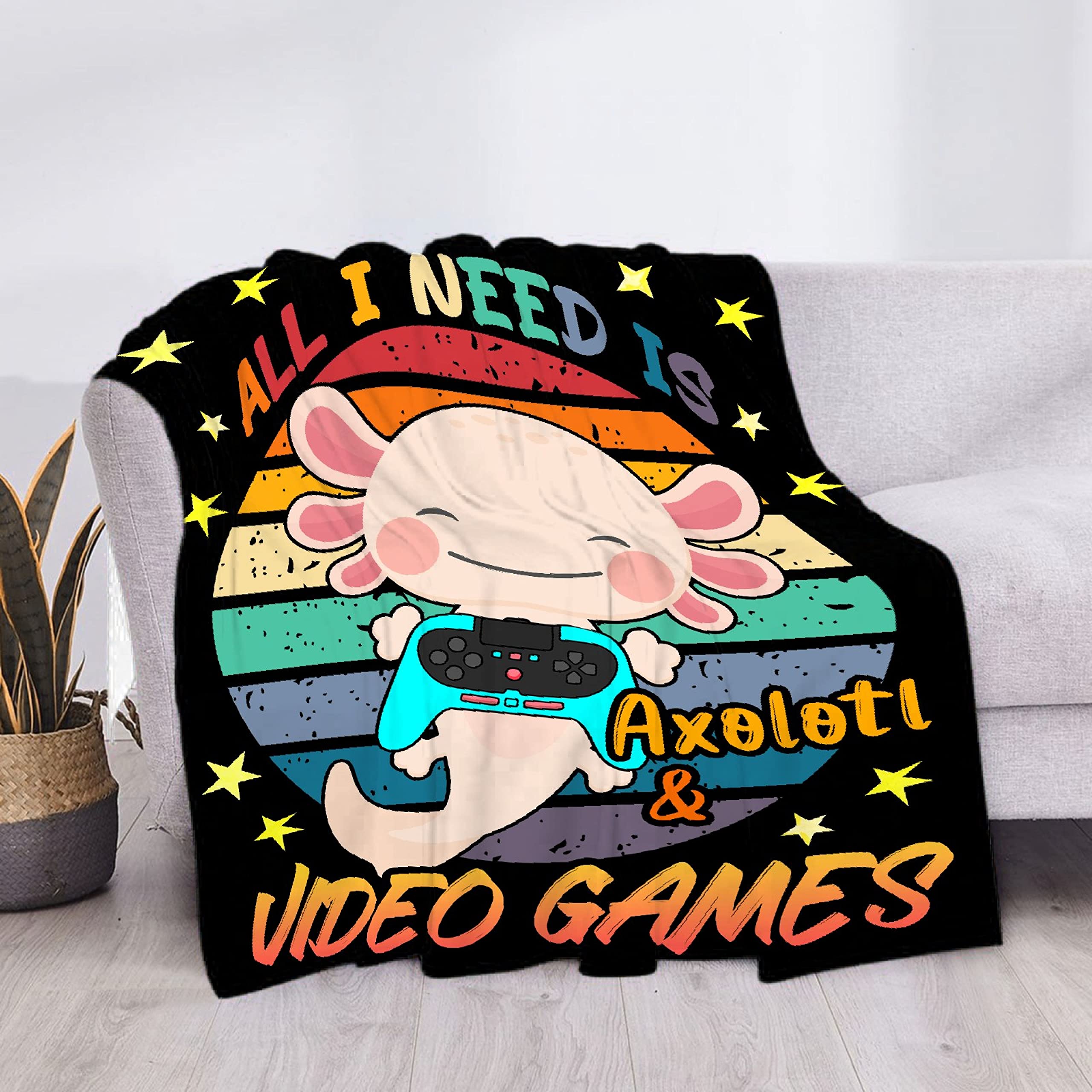 Soft Cozy Axolotl & Video Games Fleece Throw Blanket - Lightweight Warm Plush Gift for Women, Men & Kids - Perfect for Sofa, Bed, Travel & Gaming Room Decor (XL Size)