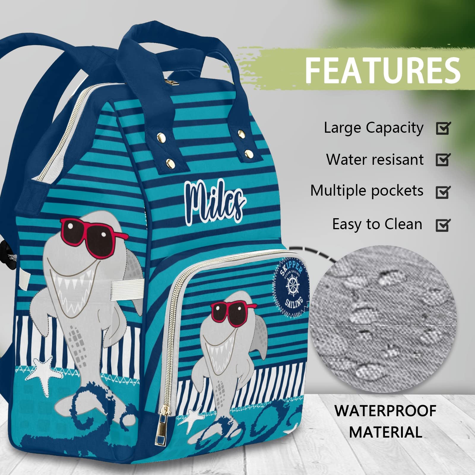 Custom Shark Striped Diaper Bag Backpack Tote - Personalized Baby Shower Gift for Moms - Perfect for Travel, Daycare & Outings