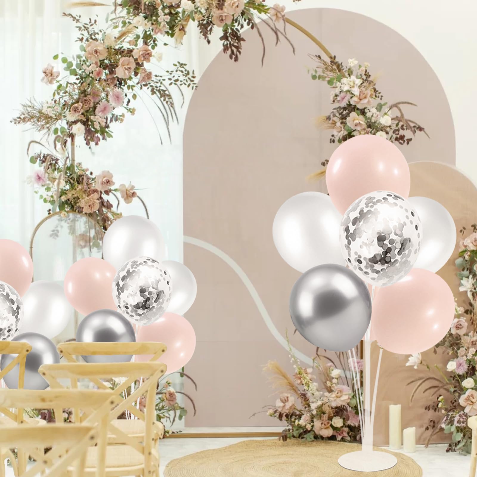 Pink and Silver Balloon Stand Centerpiece - 4-Piece Set for Baby Shower, Wedding, Engagement, Bridal Shower, Anniversary, Mother's Day & Birthday Party Decorations | Elegant Table Decor for Special Celebrations & Events
