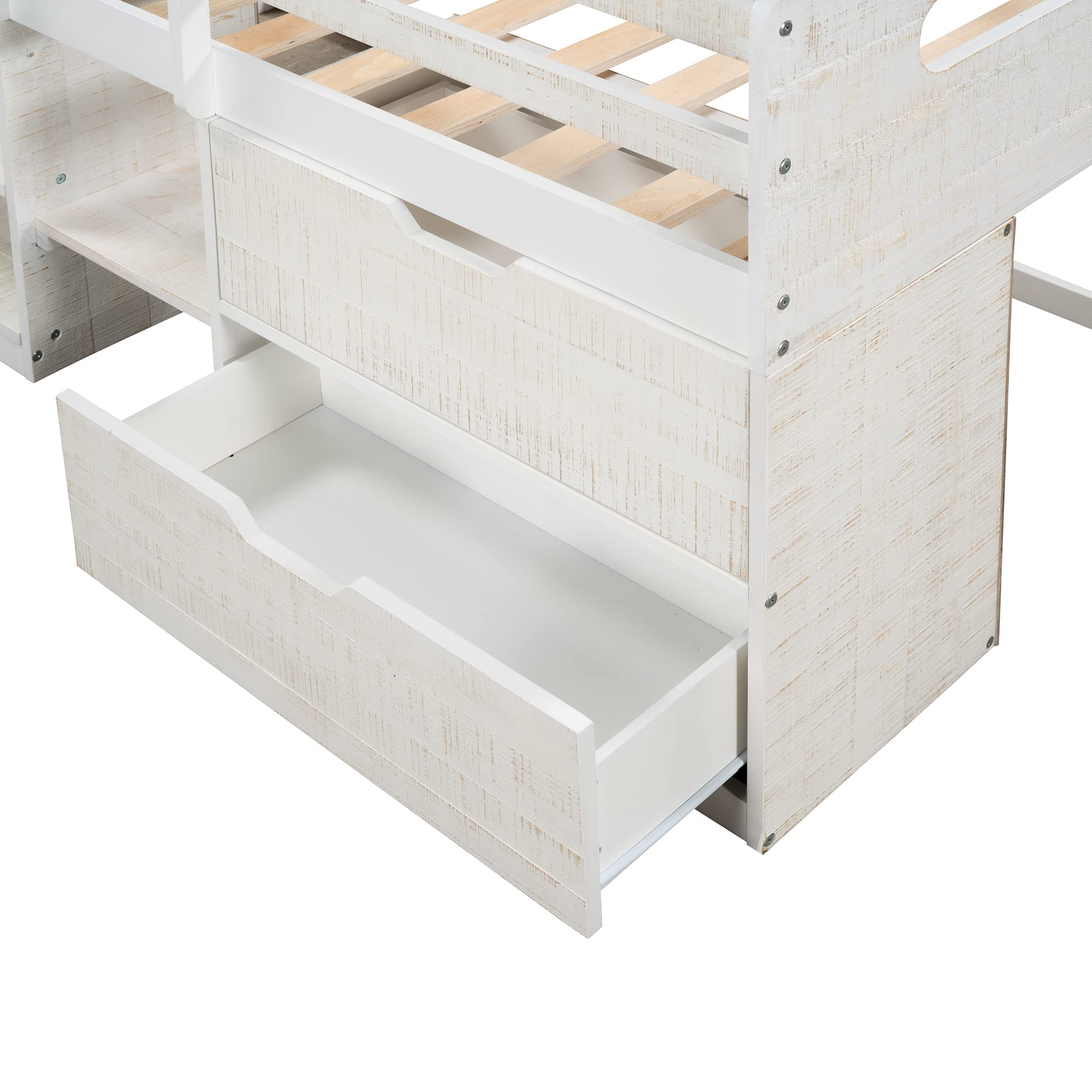 Low Loft Bed with Large Storage - Twin Size Wooden Loft Bed with 2 Drawers, Shelves, Headboard & Footboard - Space Saving Kids Bed for Small Rooms - Perfect for Teens, Boys & Girls Bedroom (Antique White) - Ideal for Dorm Rooms, Apartments & Shared Kids Rooms