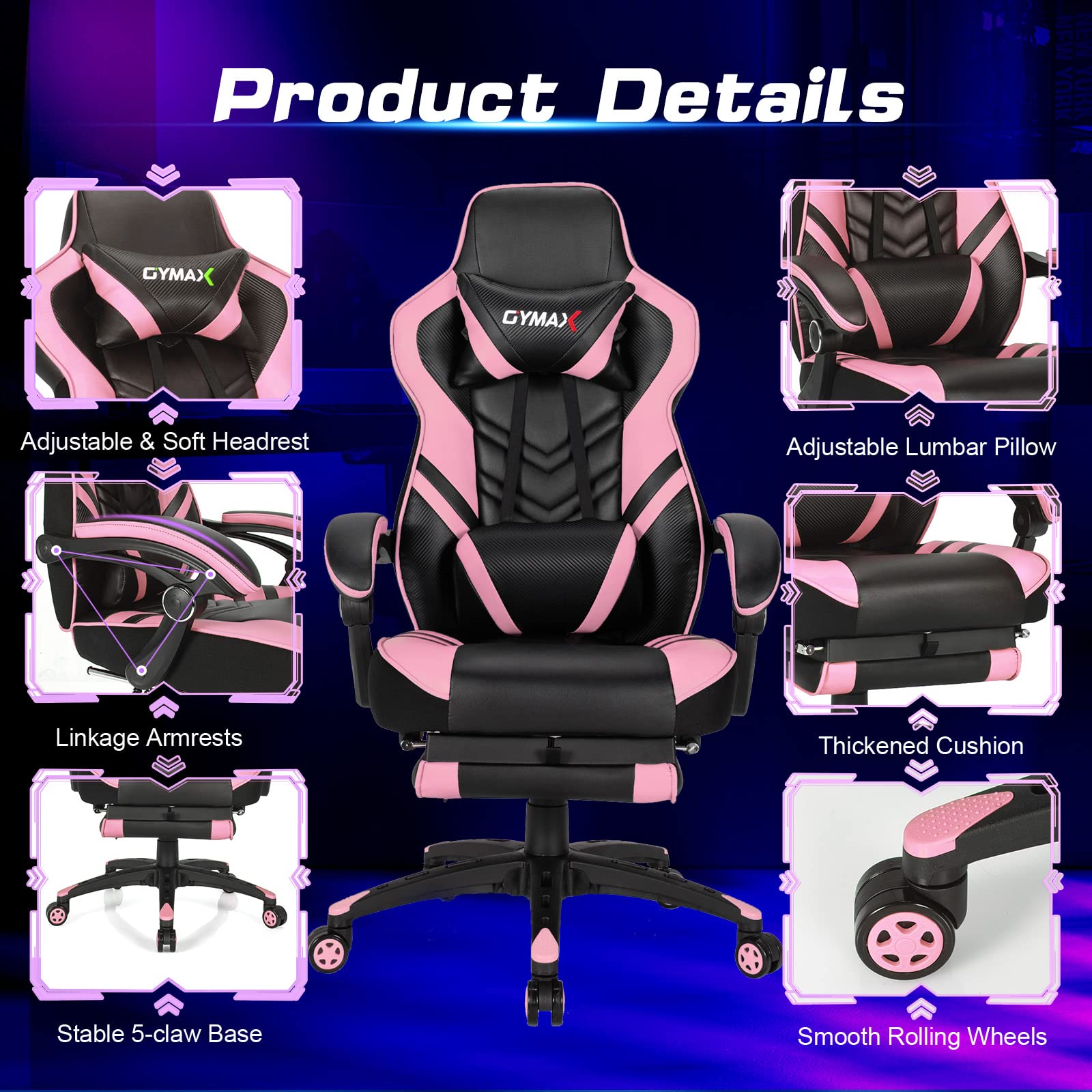 Ergonomic Pink Gaming Chair for Adults & Teens - High Back Reclining Computer Desk Chair with Lumbar Support, Retractable Footrest & Headrest - Perfect for Gaming, Office Work & Home Study