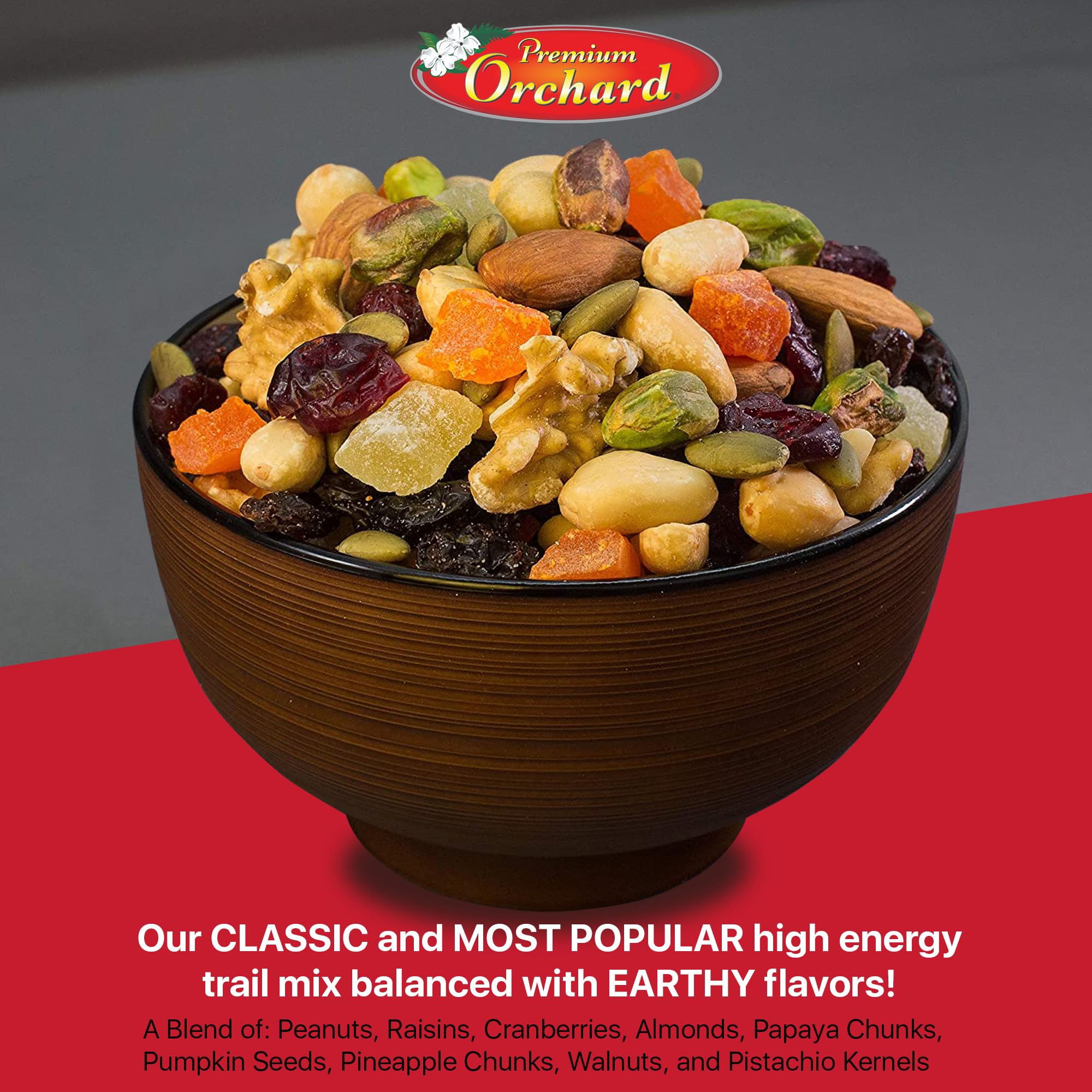Premium Orchard Gourmet Trail Mix - Healthy Vegan Snack with Mixed Nuts & Dried Fruits | Non-GMO, Natural Plant Protein Source | 18oz Bulk Nut & Fruit Blend for Hiking, Office Snacks & On-the-Go Energy