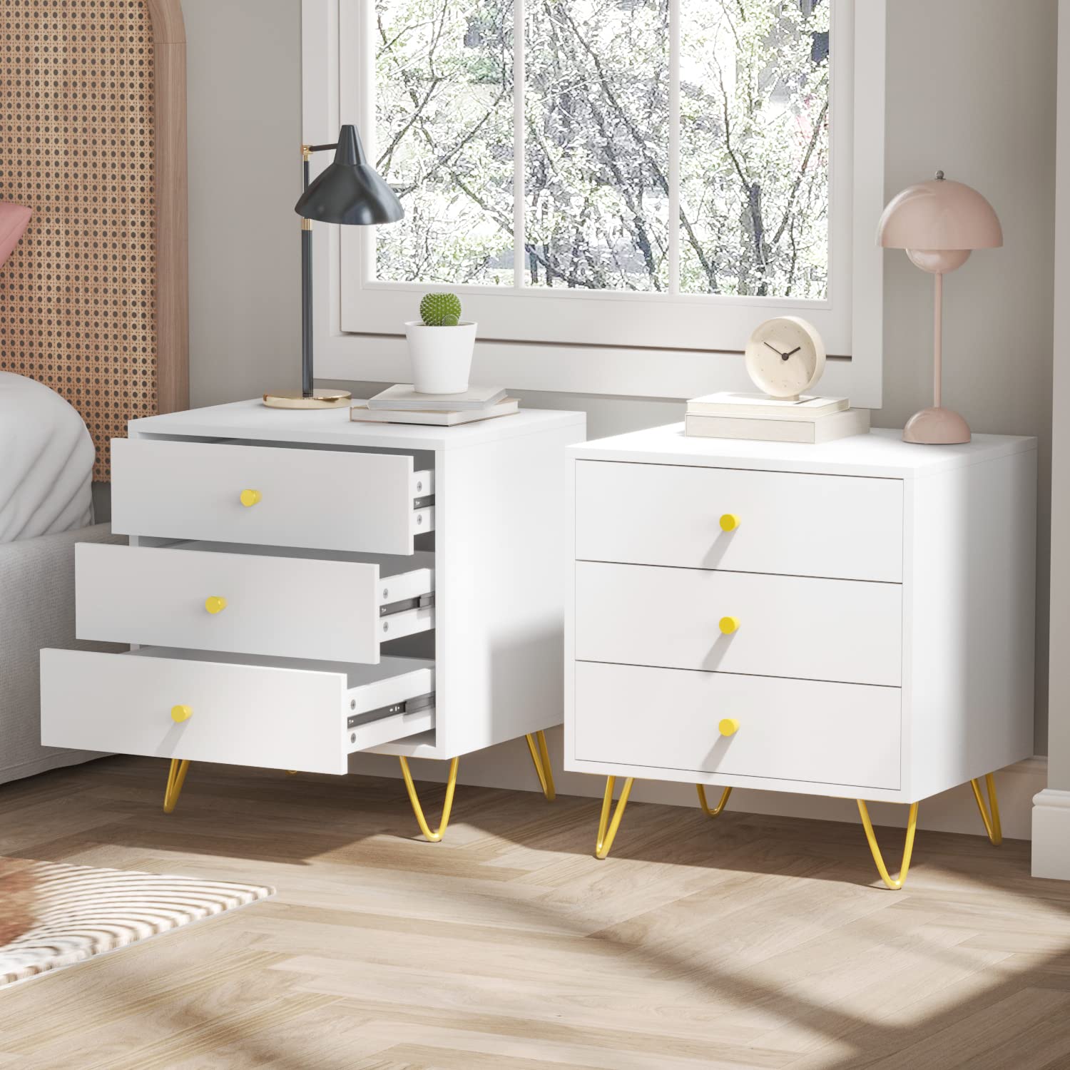 AIEGLE White Nightstand Set of 2 - Modern Bedside Tables with 3 Drawers, Gold Metal Legs - 19.6