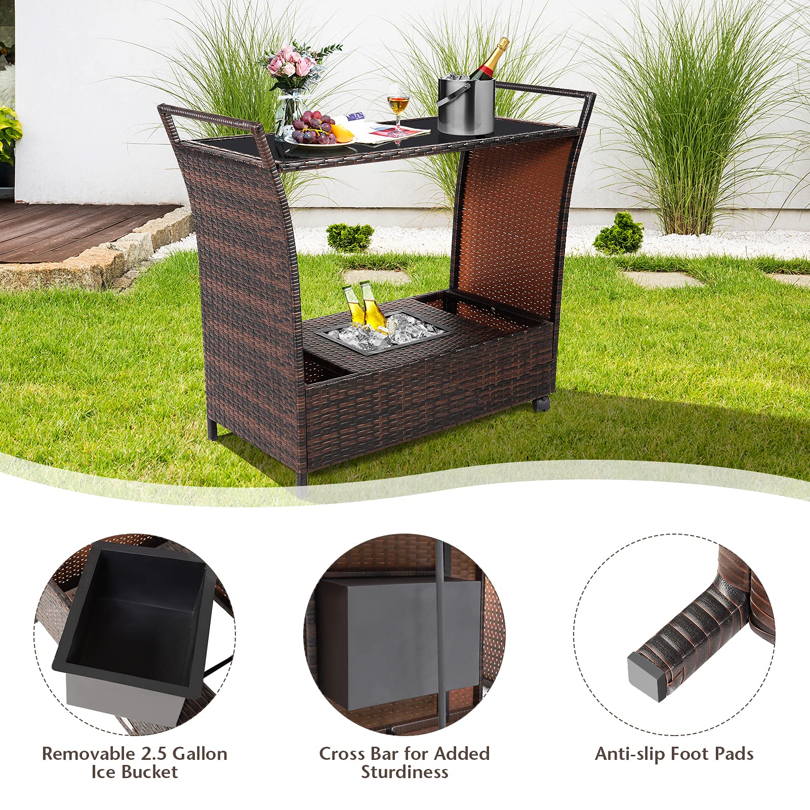 RELAX4LIFE Outdoor Wicker Bar Cart with Removable Ice Bucket & Glass Top - Patio Serving Table with Wheels & Storage Compartments - Rattan Rolling Trolley for Pool, Backyard, Porch, Garden Parties & Outdoor Entertaining - Brown