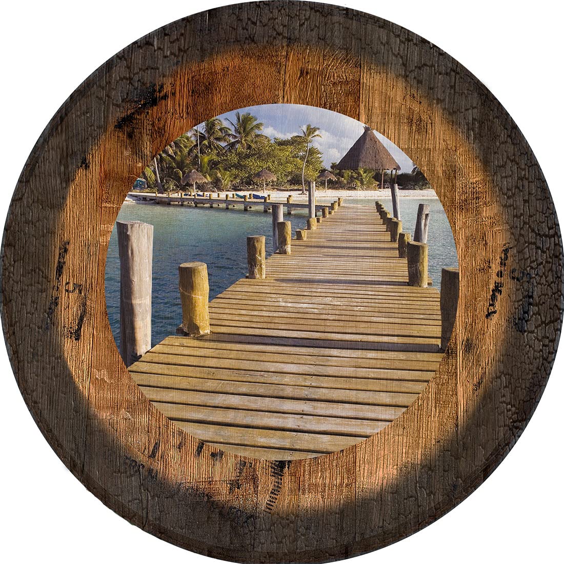 PS Prints Tropical Beach Boardwalk Wall Art - Large Oak Whiskey Barrel Lid Decor for Coastal Living Room, Beach House, or Vacation Rental