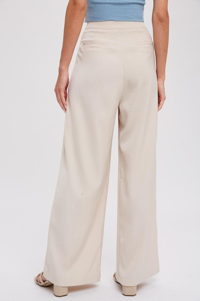 Beige Pintuck Wide Leg Pants for Women - High Waisted Linen Blend Trousers | Office Wear, Casual Outfits & Summer Fashion
