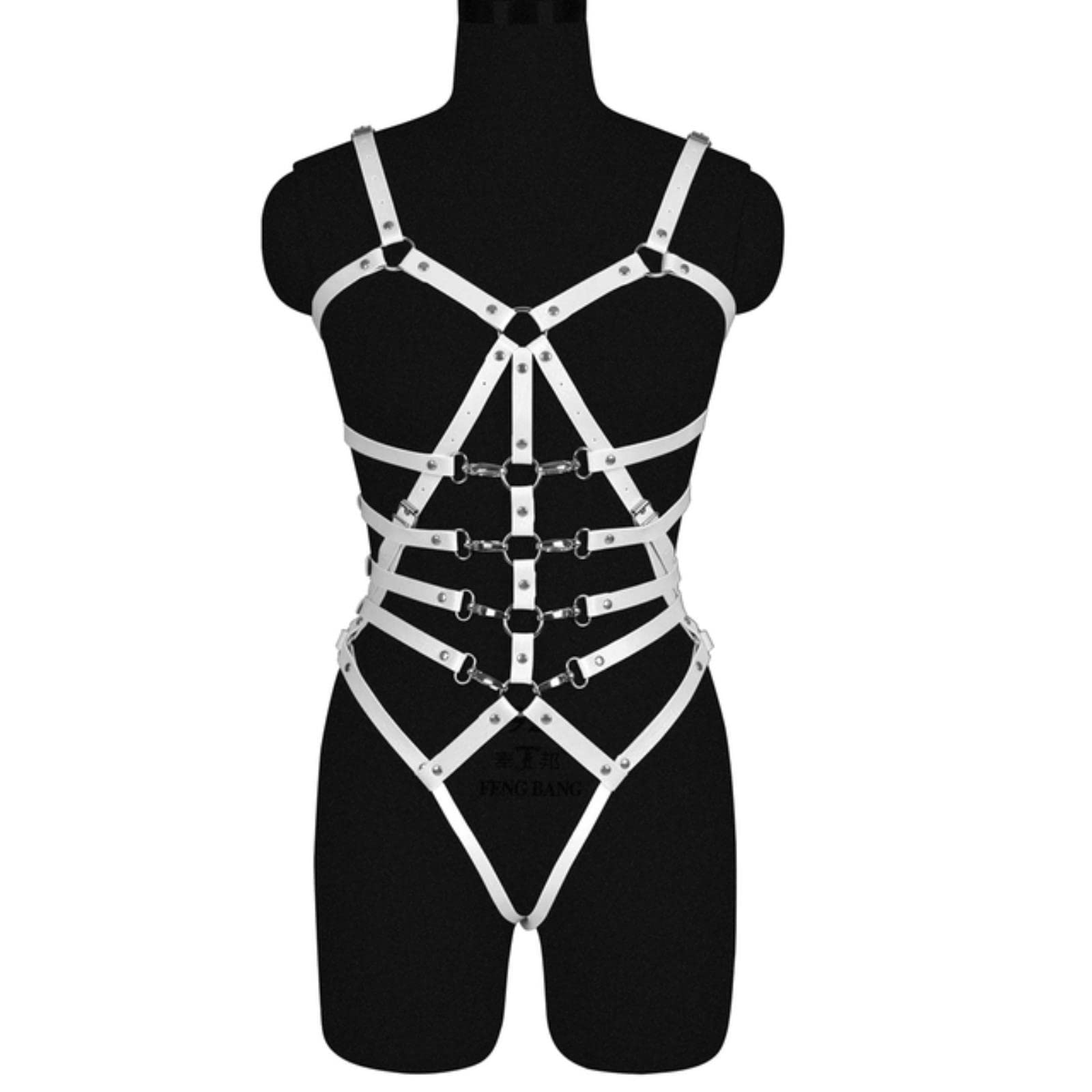 LOOEIN Full Pink Leather Bondage Harness Set for Women - Gothic Lingerie with Suspenders, Garter Belt & Stockings - Perfect for BDSM, Fetish & Role Play