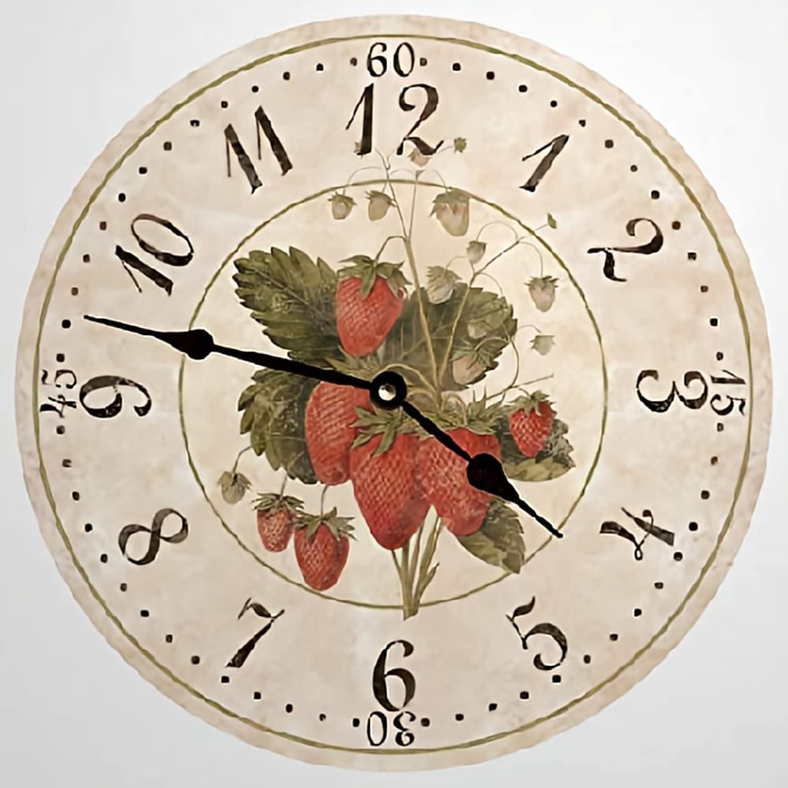 Vintage Wooden Strawberry Wall Clock - 10 Inch Round Silent Battery Operated Wall Decor for Bedroom, Living Room, Kitchen & Office | Large Decorative Hanging Clock with Rustic Farmhouse Style