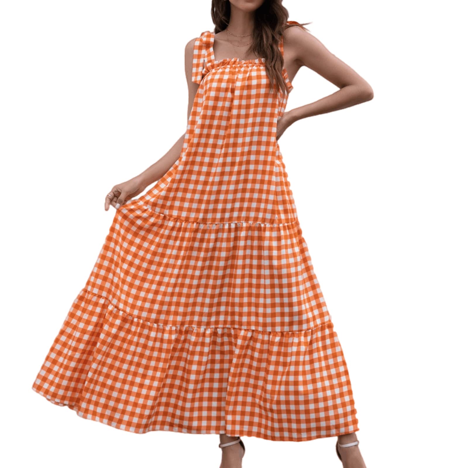 Women's Casual Summer Spring Maxi Dress - Plaid Gingham Square Neck Sleeveless Smocked Sundress for Beach, Party & Vacation | Perfect for Outdoor Picnics, Date Nights & Tropical Getaways