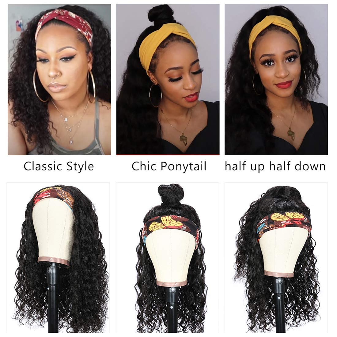 Beauty Forever Glueless Human Hair Wigs - 18 Inch Water Wave Headband Wig with Pre-Attached Scarf, 150% Density, Natural Color for Women | Perfect for Daily Wear, Parties & Protective Styling