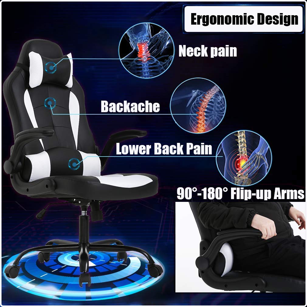 Premium Ergonomic PC Gaming Chair with Massage & Lumbar Support - Heavy Duty Racing Style Office Chair with Adjustable Headrest & Flip-Up Arms - Best Home & Video Game Desk Chair for Long Gaming Sessions - White