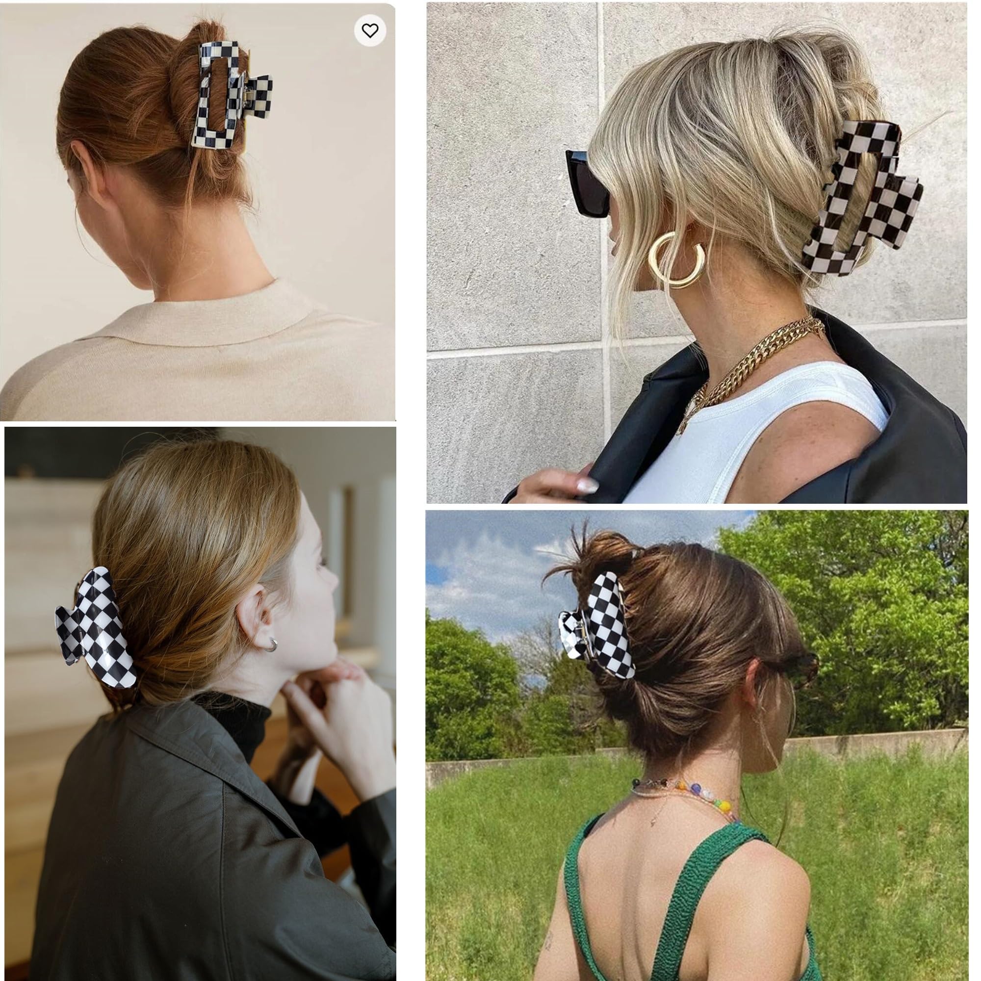 Women's Large Checkered Hair Clips - 2 Pack Black & White Claw Jaw Clips for Women & Girls - Perfect for School, Work, and Everyday Hairstyles
