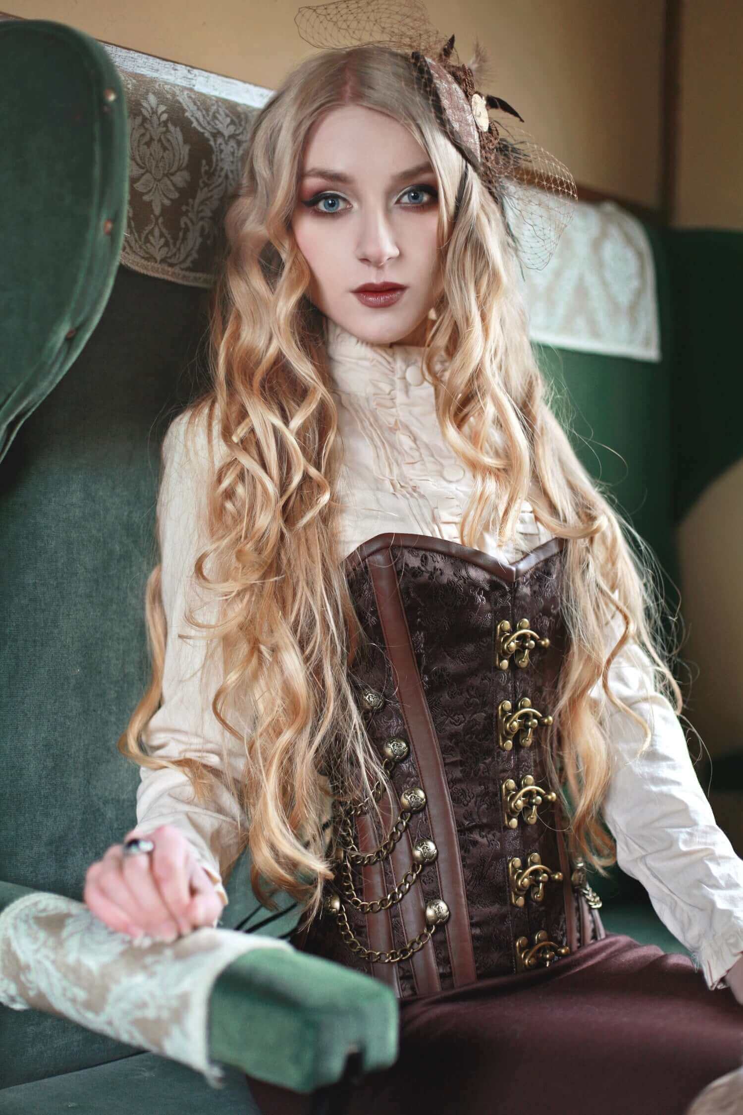 Playgirl Steel Boned Steampunk Corset With Vintage Brass - Gothic Waist Trainer for Women, Victorian Style Bustier for Cosplay, Lingerie & Burlesque Costume