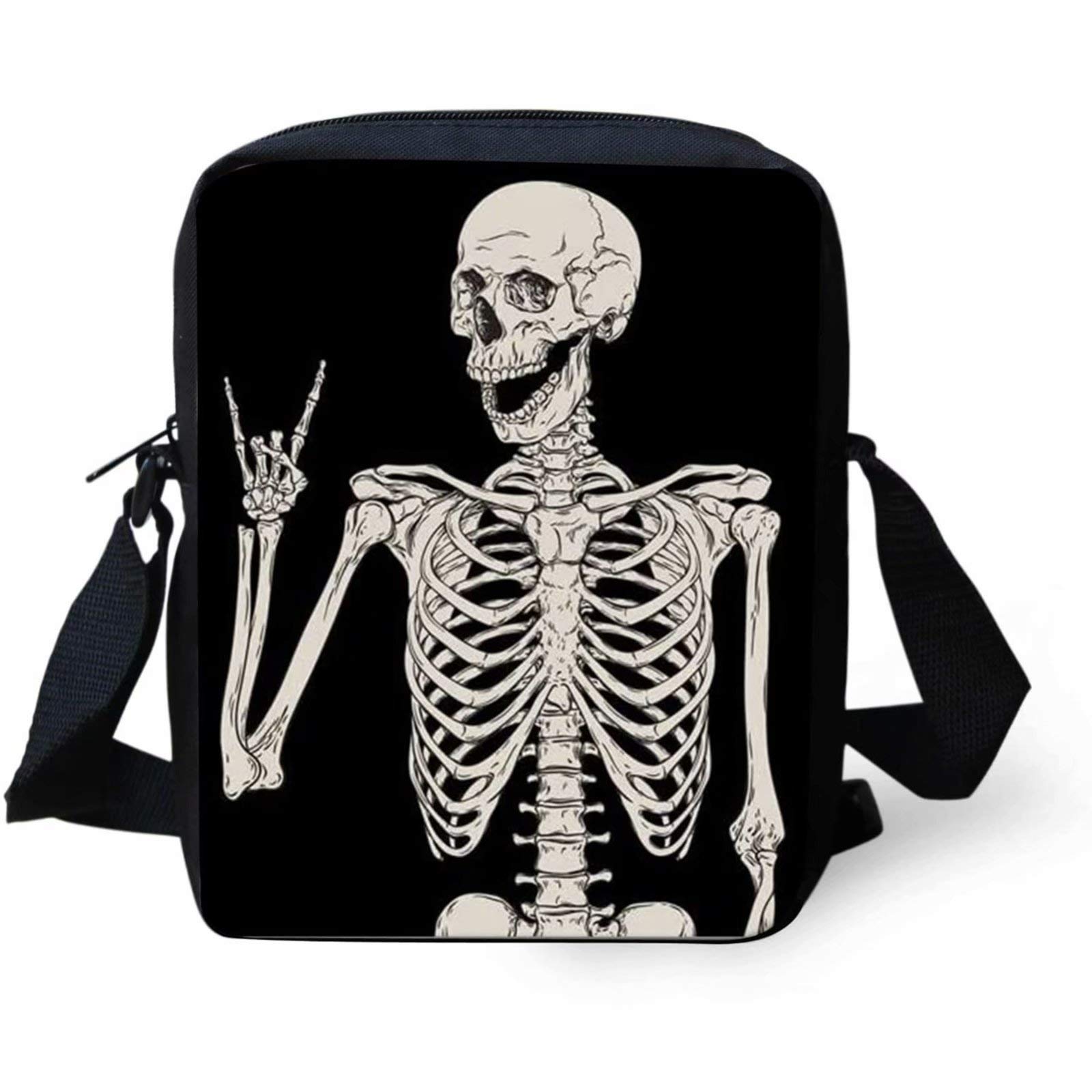 Rock Skeleton Skull Print Mini Crossbody Bag for Men & Women - Stylish Messenger Purse with Phone & Wallet Pockets (Black) - Perfect for School, Travel, and Daily Use