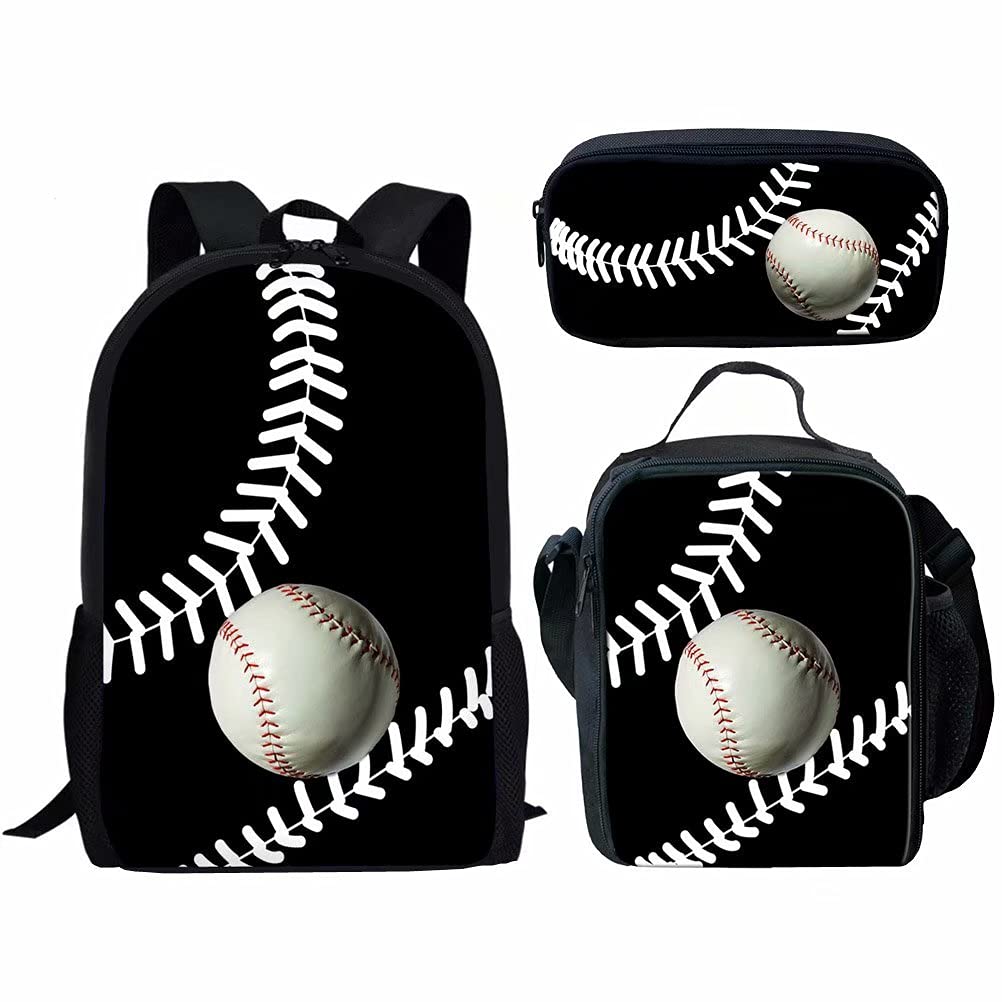 Black and White Baseball Print Backpack Set - Stylish School Daypack with Lunch Bag & Pencil Case for Students, Teens, and College | Perfect for School, Travel, and Sports Activities