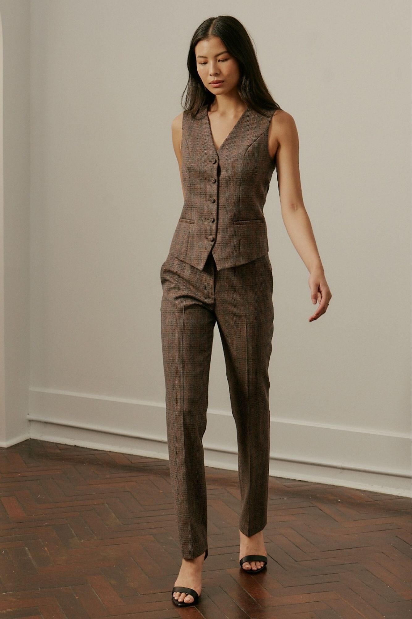 Camila 2 Piece Suit Set - Brown & Orange Tweed Women's Blazer & Skirt Outfit for Work, Office & Formal Events