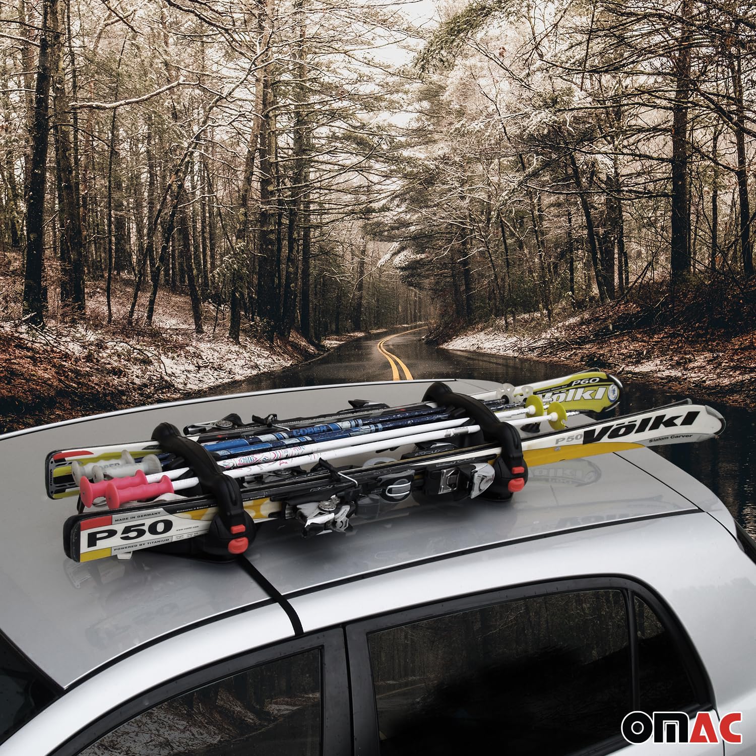OMAC 2-Pack Black Magnetic Ski & Snowboard Roof Rack for Cars, Trucks, Vans - Universal Fit, Heavy Duty Car Carrier for Winter Sports Gear - Perfect for Ski Trips, Mountain Adventures & Snowboarding Vacations