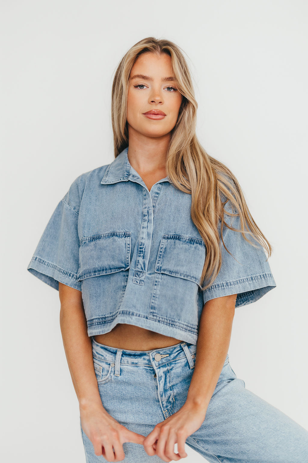 Carla 100% Cotton Chambray Cropped Shirt - Women's Casual Short Sleeve Button Down Top for Summer Outfits, Beach Wear & Boho Style