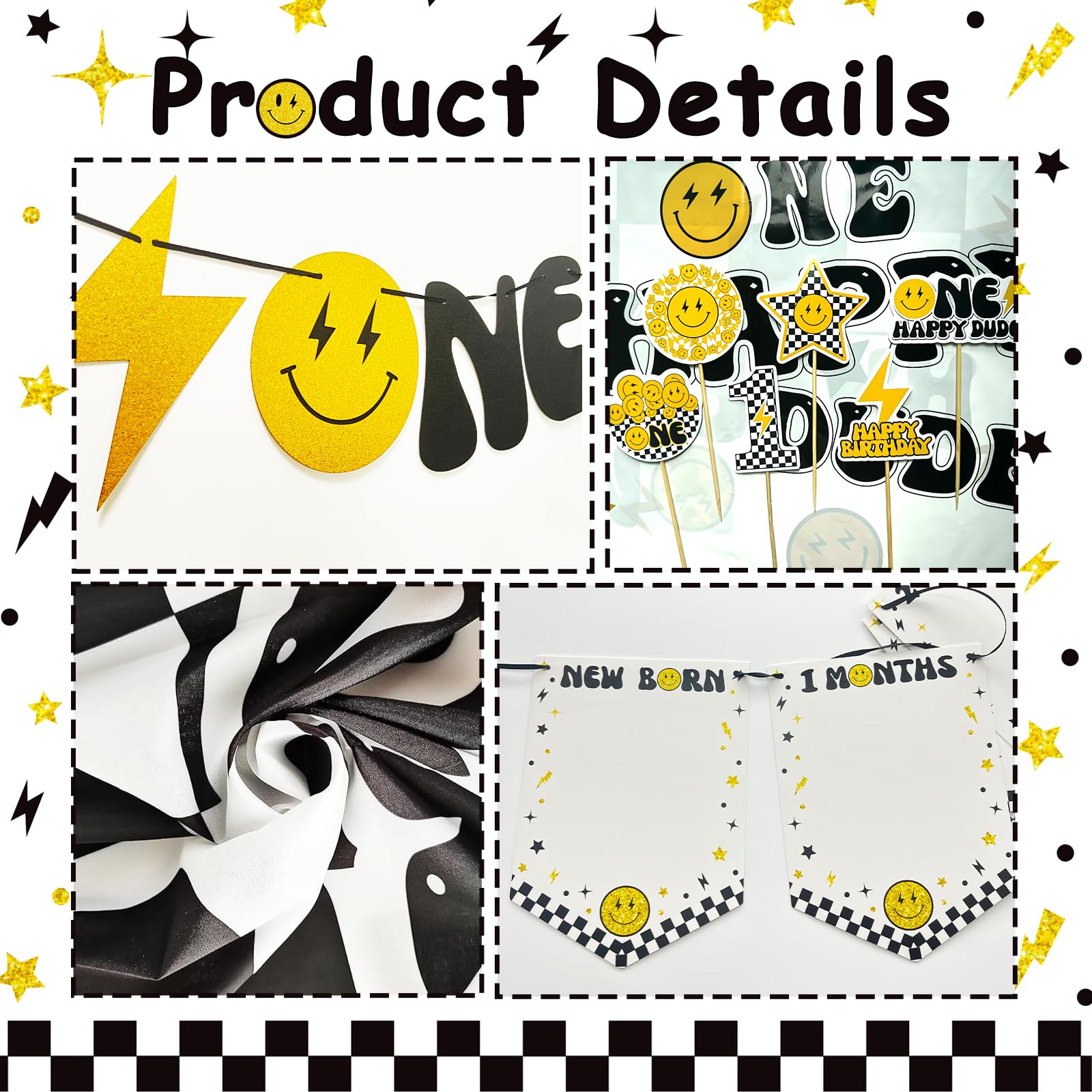 Lightning Bolt 1st Birthday Party Decorations Set - Backdrop, Balloons Arch, High Chair Banner & Gift Box | Gender Neutral Baby Boy & Girl First Birthday Theme | Perfect for Cake Smash Photos & Milestone Celebrations