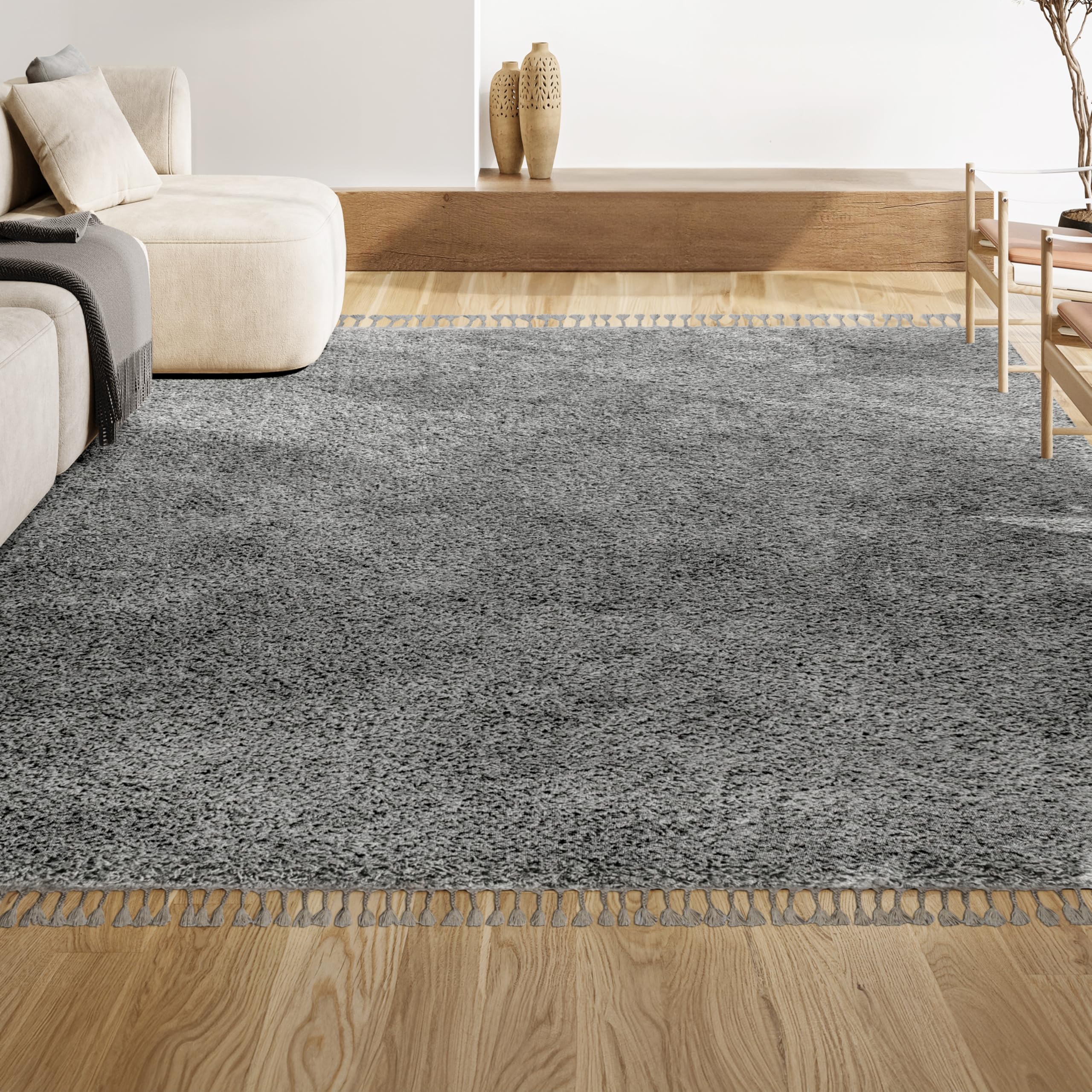 JONATHAN Y MCR100B-5 Mercer Shag Plush Tassel Area Rug 5x8 Feet - Soft Bohemian Modern Indoor Rug for Living Room, Bedroom & Kitchen - Easy-Cleaning Charcoal Gray with Decorative Tassels - Perfect for Cozy Home Decor & Boho Chic Spaces