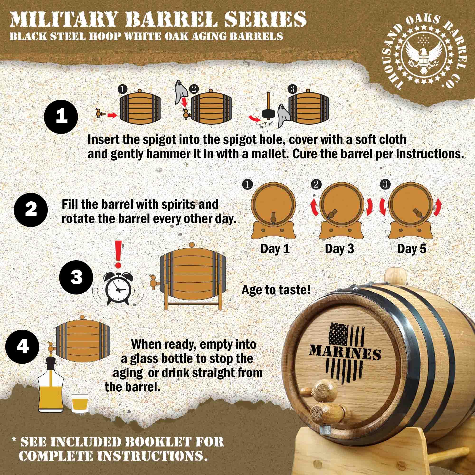 USMC Engraved 5 Gallon Oak Aging Barrel with Wood Stand - Military Veteran Gift, 20L Mini Whiskey Barrel for Home Distilling, Brewing & Winemaking | Perfect for Bourbon, Whiskey, Moonshine & Craft Beer Aging