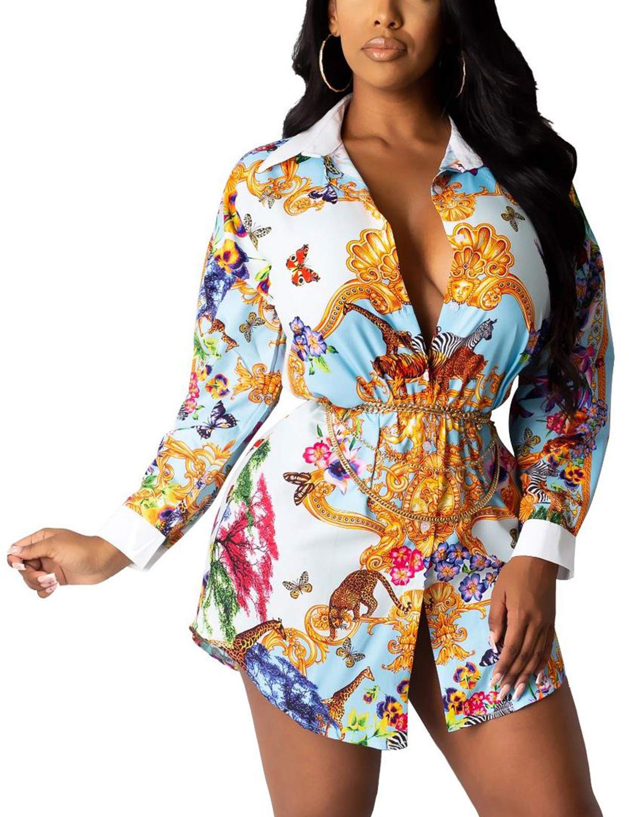 Women's Floral Print Long Sleeve Button Down Shirt Dress - Loose Collar Colorful Blouse Tops for Casual Wear, Office & Date Night Outfits