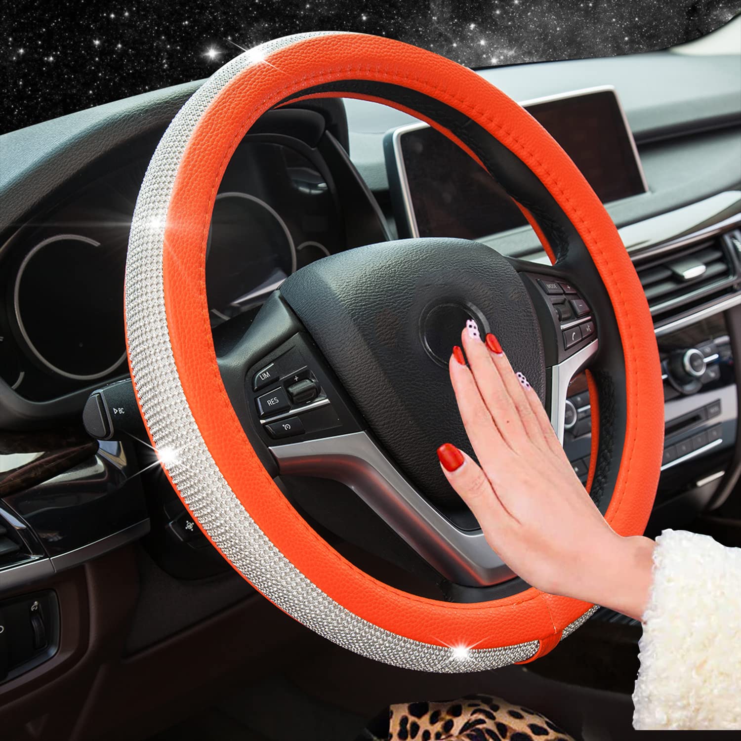 Diamond Leather Steering Wheel Cover with Bling Crystal Rhinestones - Universal Fit 15 Inch Car Wheel Protector for Women & Girls - Orange Luxury Car Accessory for Daily Driving & Gift Giving