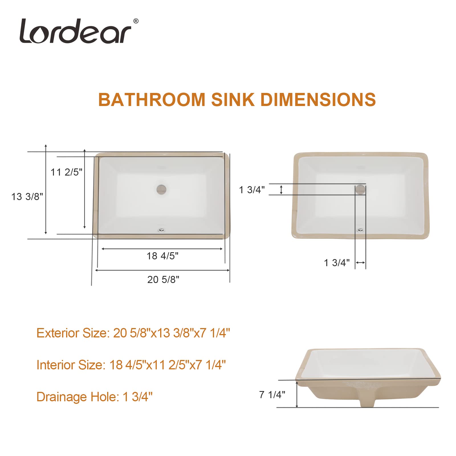 Lordear 21x13 Inch Undermount Bathroom Sink - White Porcelain Ceramic Vanity Sink with Overflow, Rectangle Under Counter Lavatory Basin for Modern Bathrooms | Perfect for Home Renovation & Spa-Style Bathrooms