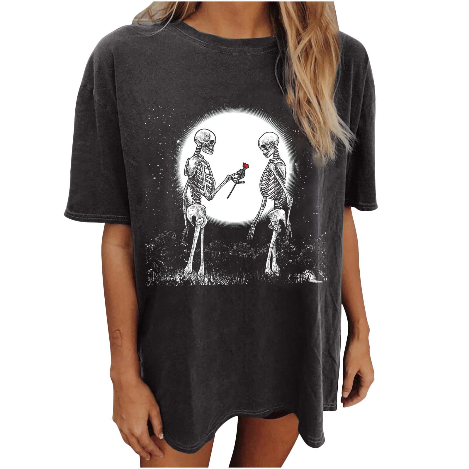 Women's Halloween Skeleton T-Shirt - Grunge Oversized Top for Party