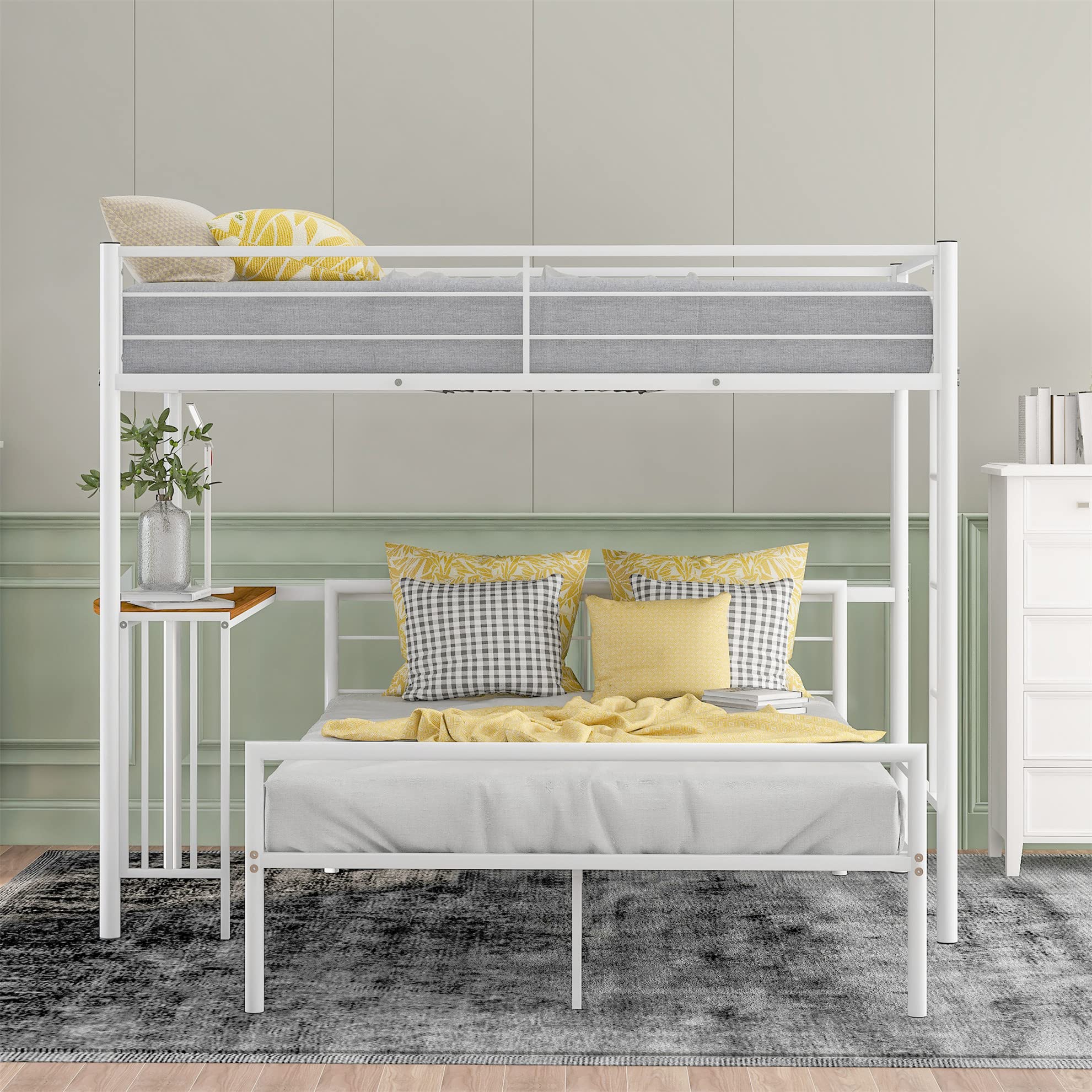Twin Over Full Metal Bunk Bed with Study Desk, Safety Ladder & Reinforced Slats - Space Saving Kids Bedroom Furniture (White) - Perfect for Small Rooms, Shared Kids' Bedrooms & Dormitories