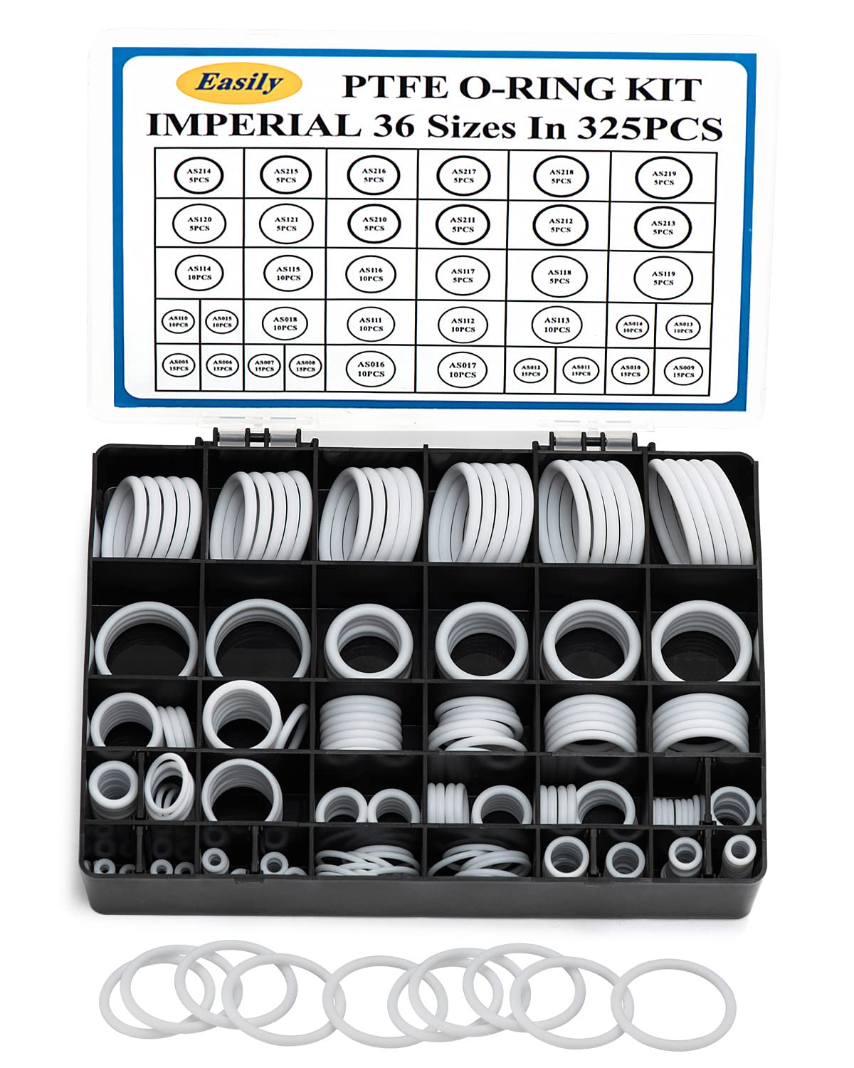 325PCS PTFE O-Rings Assortment Kit - High Temperature & Oil Resistant Sealing Gaskets for Automotive Repair, Plumbing, Faucets, Air/Gas Connections | Perfect for DIY Projects, Home Maintenance & Industrial Applications