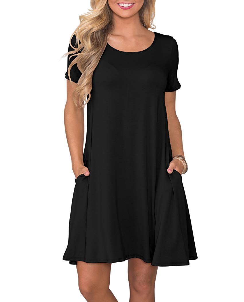 WNEEDU Women's Summer Casual T-Shirt Dress - Short Sleeve Swing Dress with Pockets - Perfect for Beach, Vacation & Everyday Wear