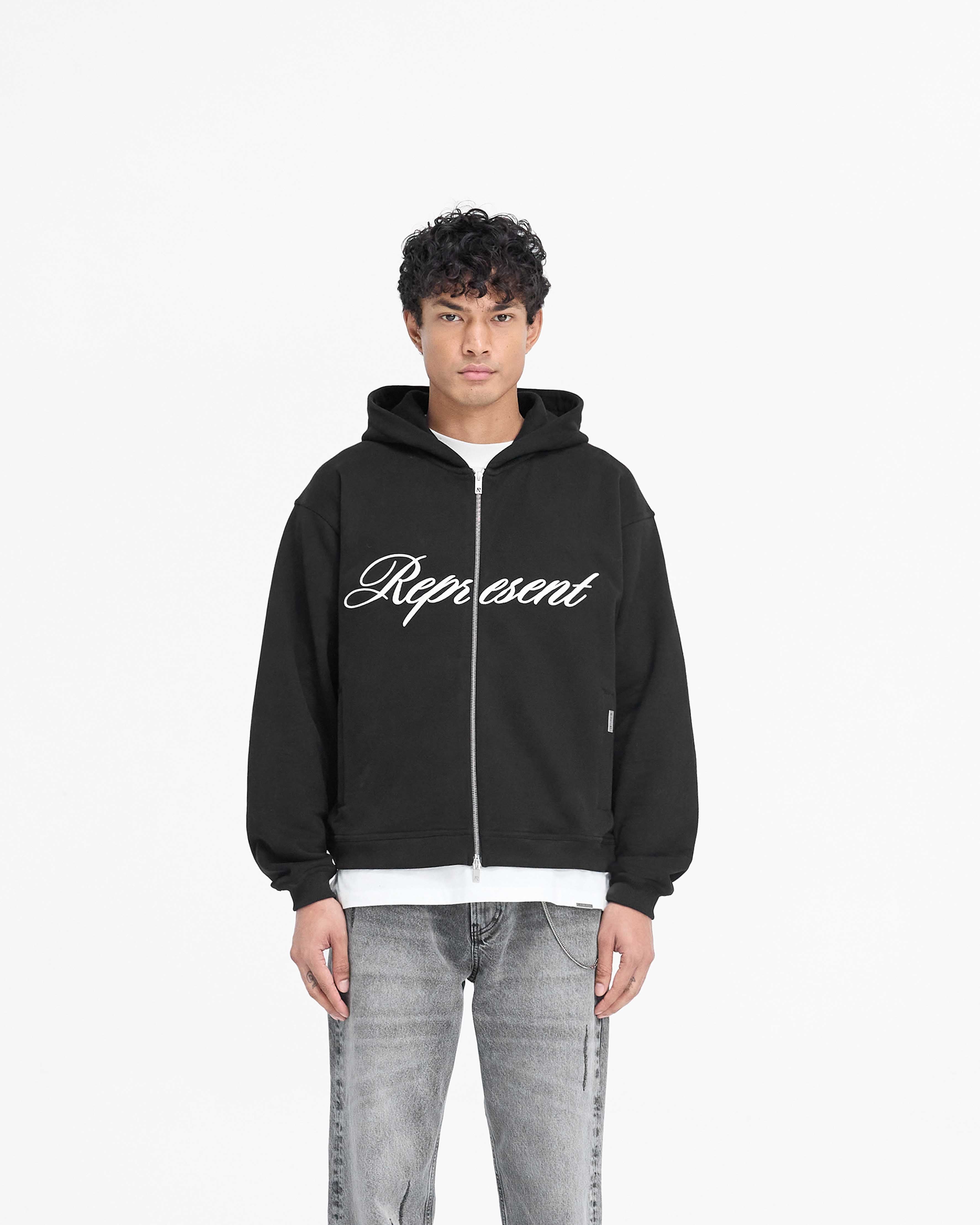 Script Logo Zip Hoodie - Black | Stylish & Comfortable Pullover for Men & Women | Perfect for Casual Wear, Gym & Outdoor Activities