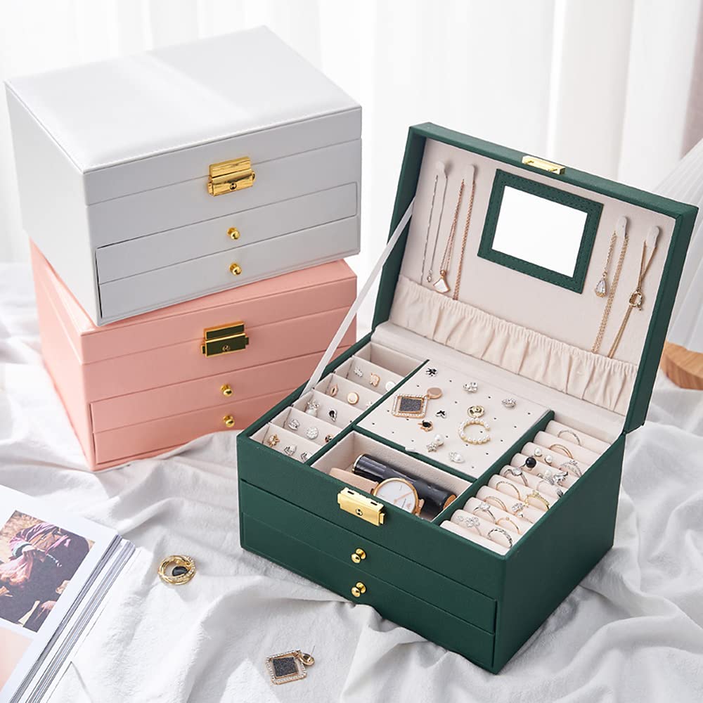 3-Layer Large Jewelry Box for Women with 2 Lockable Drawers - Premium Jewelry Storage Organizer for Necklaces, Rings & Earrings - Perfect for Bedroom, Closet & Travel Use