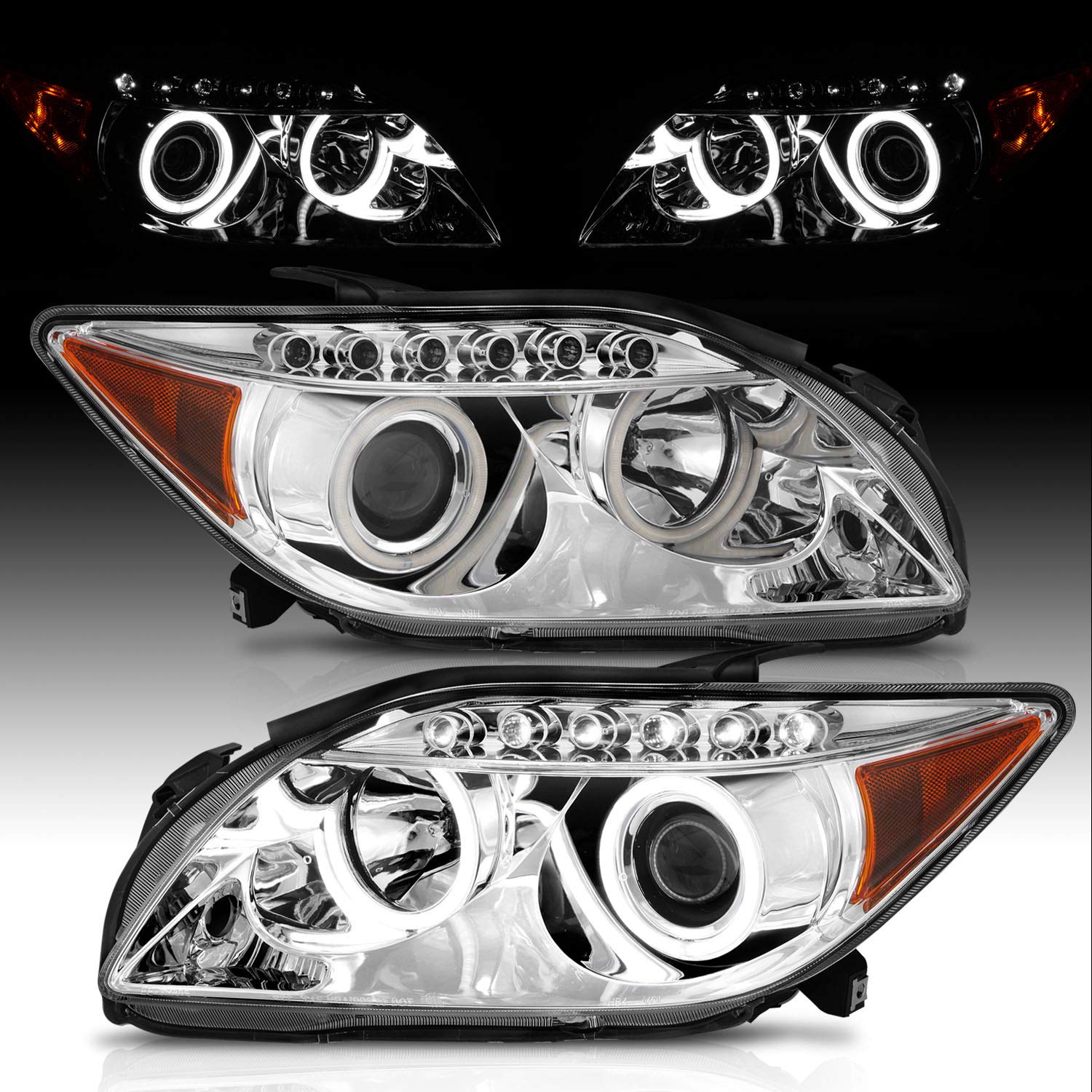 AmeriLite Chrome Ultra Bright LED Halo Projector Headlights for Scion Tc - Pair (Driver & Passenger Side) | High Visibility Night Driving & Custom Car Styling