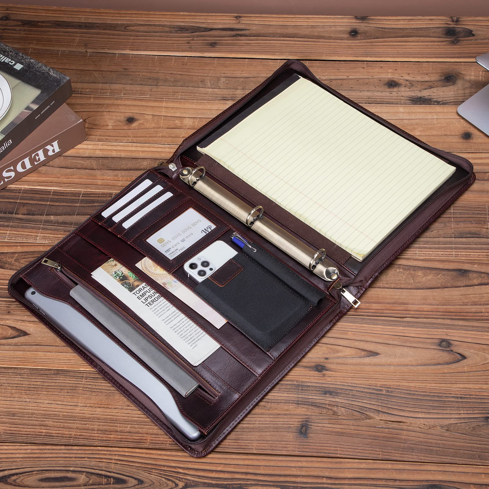 Premium Full Grain Leather Portfolio with 3-Ring Binder | Zippered A4 Notebook Holder & Laptop Sleeve | Professional Organizer for Business Meetings, Office Work & Travel | Oil-Tanned Dark Brown Leather Gift for Men & Women