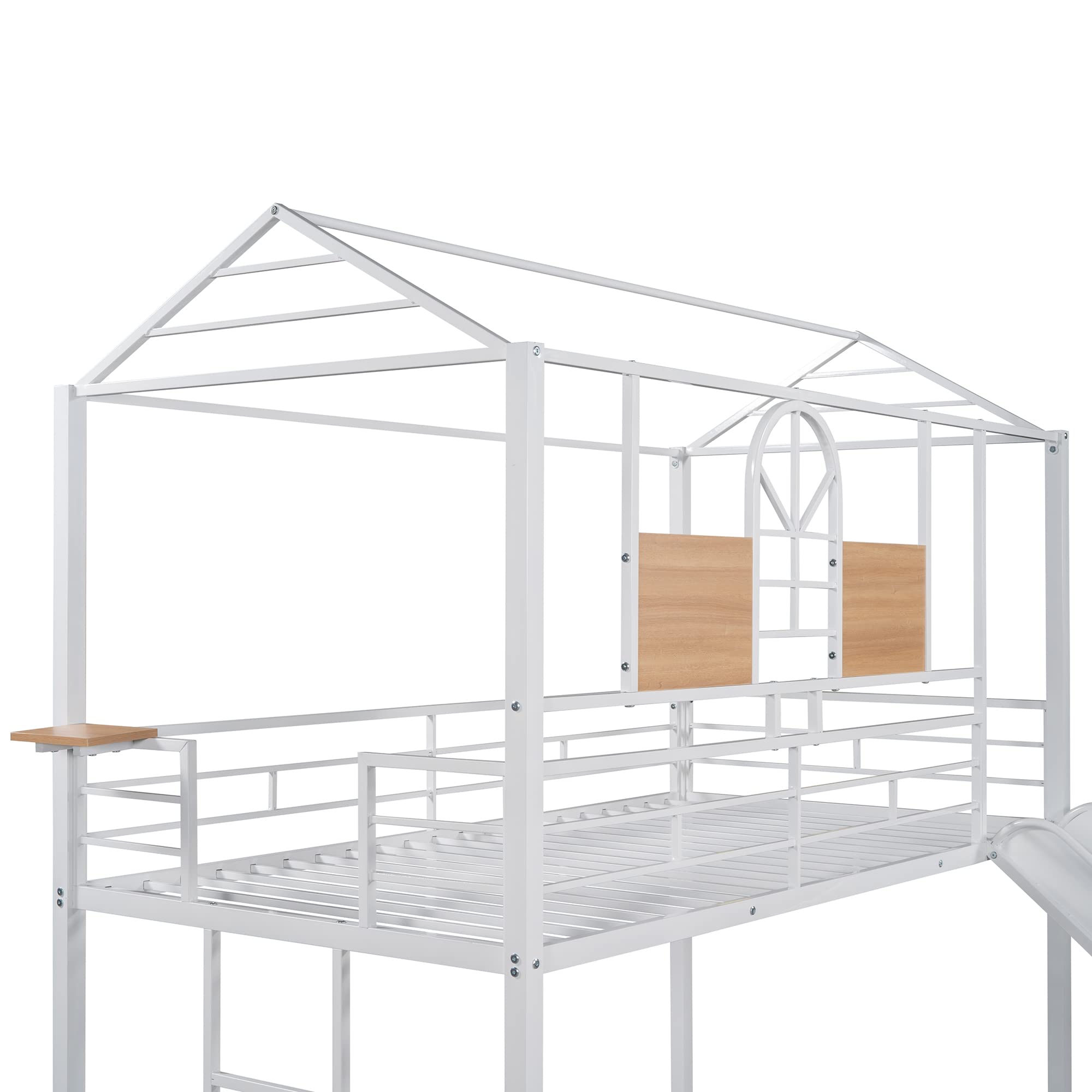 Bellemave Twin Over Twin Metal Bunk Bed with Slide - Kids House Bunk Bed with Roof & Safety Guardrails for Boys & Girls - Perfect for Bedrooms, Playrooms & Sleepovers (White)
