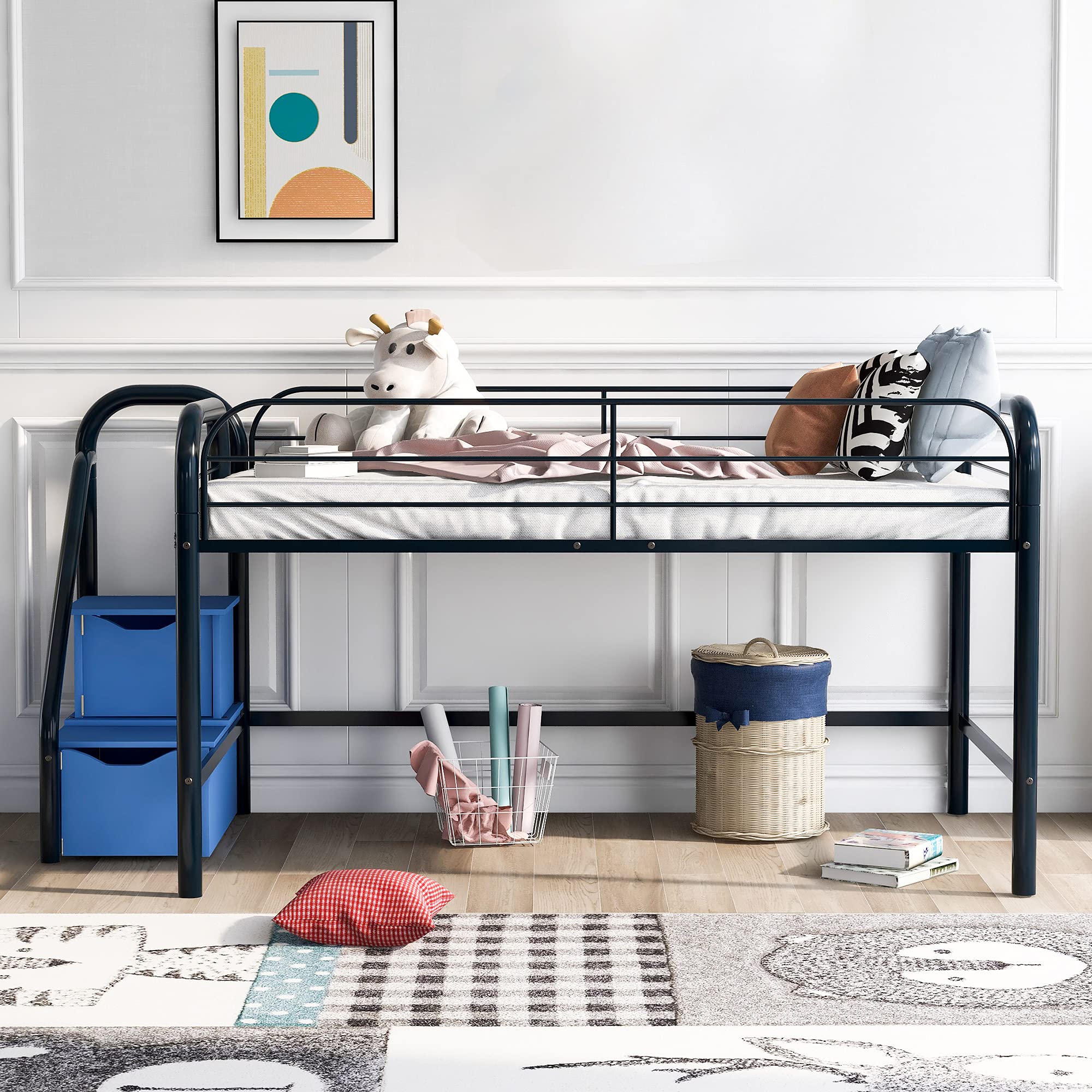 Twin Size Low Loft Bed for Kids - Sturdy Metal Frame with 2 Storage Steps & Full-Length Safety Rail | Space-Saving Design, No Box Spring Needed (Blue) | Perfect for Small Bedrooms, Dorms & Kids' Rooms