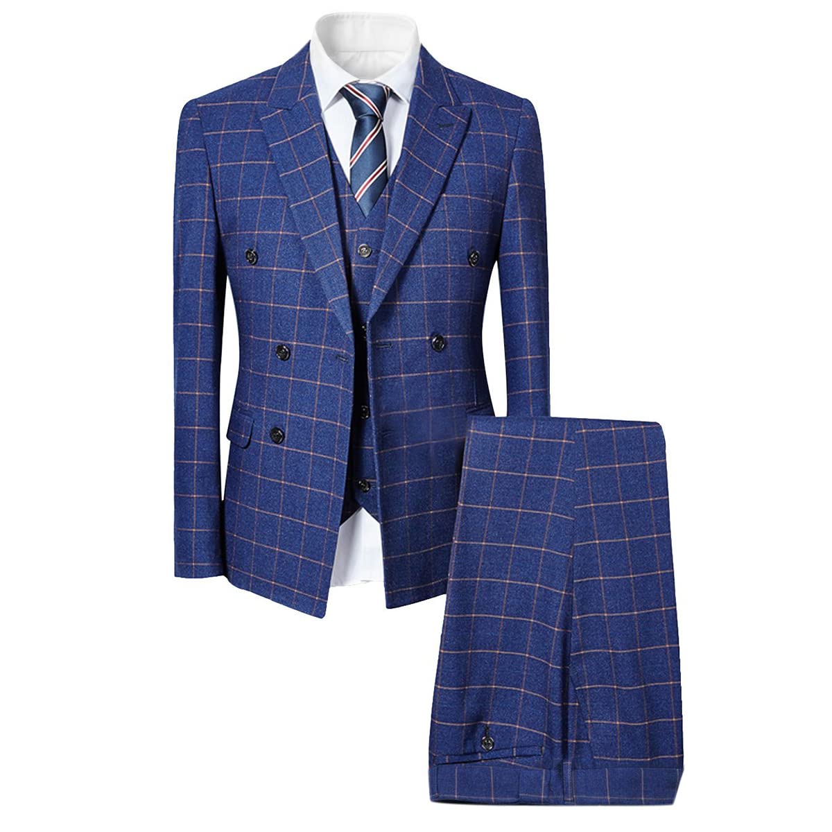 Men's Blue Slim Fit 3-Piece Checked Suit - Double Breasted Vintage Style Business Formal Attire for Weddings, Parties & Office Meetings