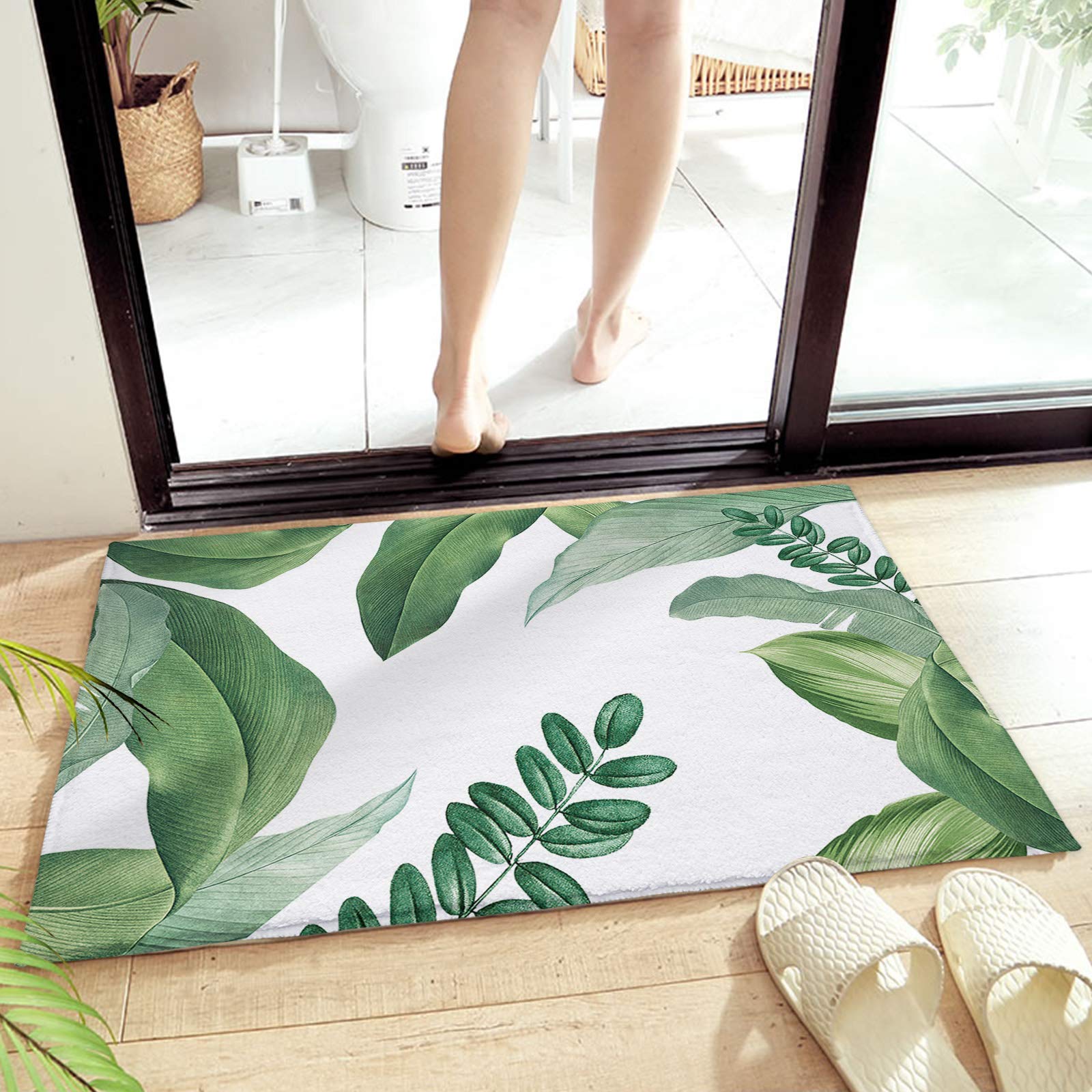 Soft Fluffy Tropical Leaf Bathroom Rugs - Non-Slip Microfiber Shag Bath Mats for Shower, Tub & Bathroom Floor - Machine Washable 16x24 Inch Green Area Rug - Perfect for Spa-Like Bathrooms & Cozy Home Decor