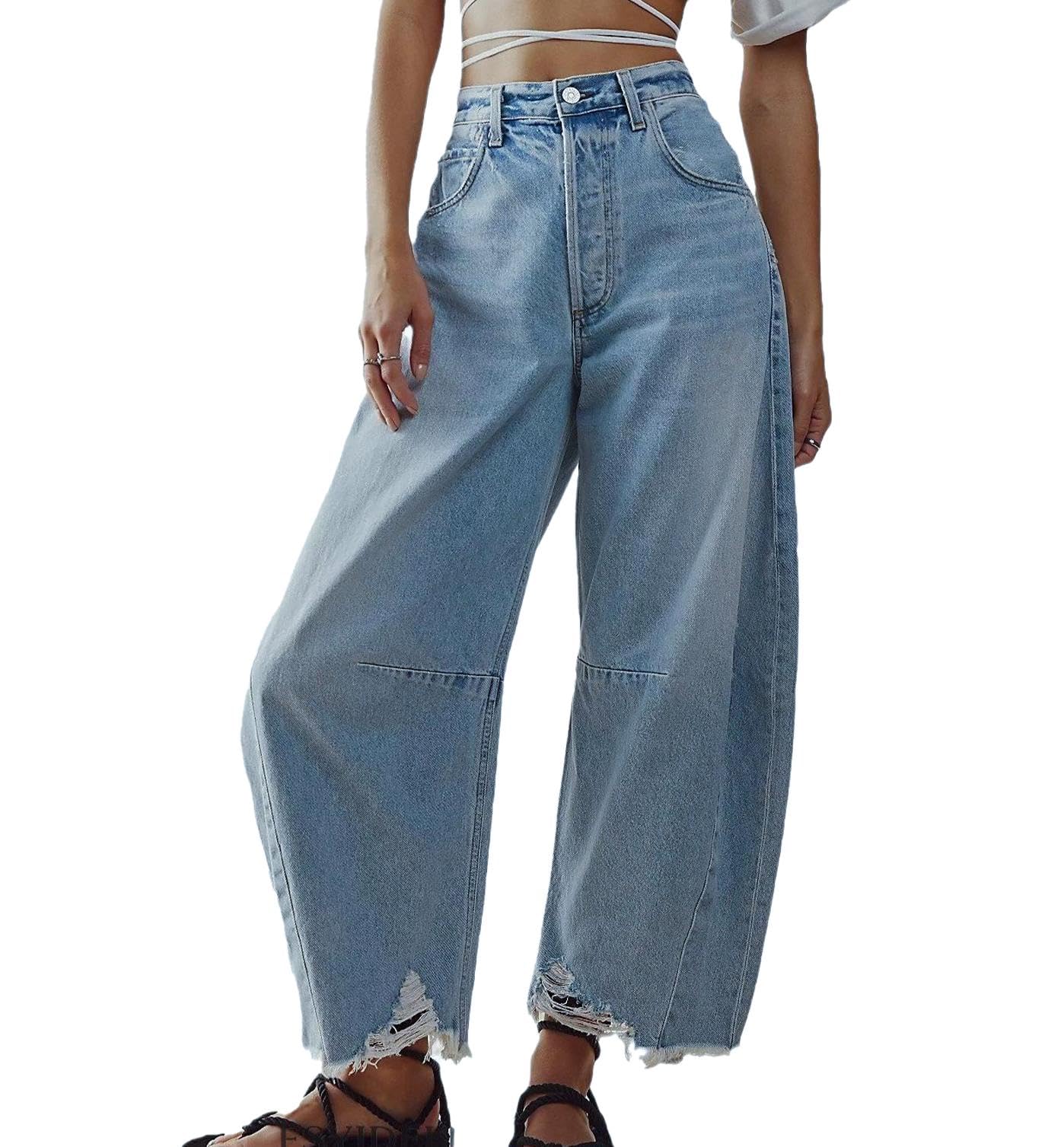 LifeShe Women's Mid Rise Wide Leg Barrel Jeans - Baggy Boyfriend Denim Pants with Raw Hem | Casual Chic Outfit for Streetwear, Work & Weekend