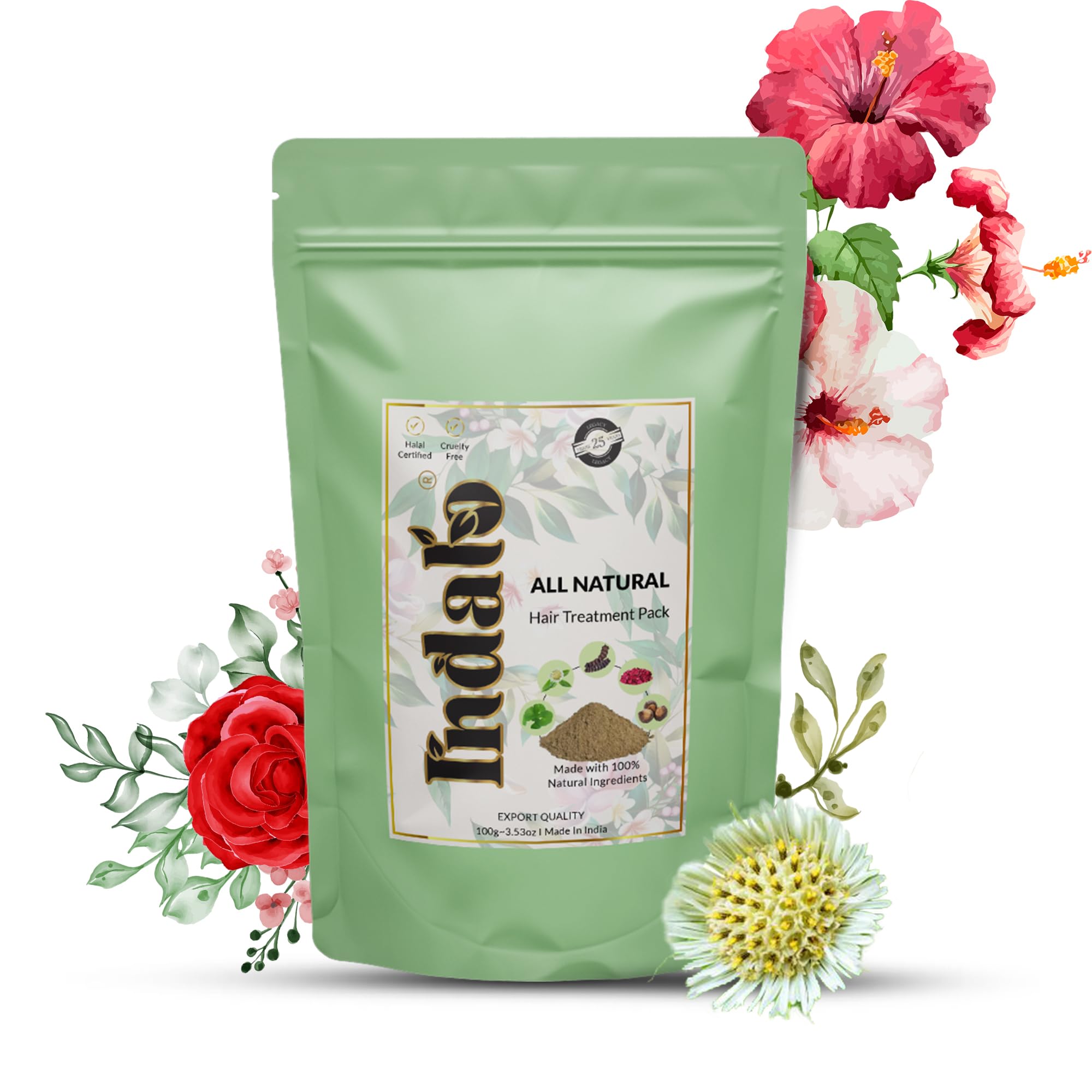 Indalo All-Natural Hair Treatment Pack with Hibiscus & Bhringraj - Ammonia Free, PPD Free, No Peroxide or Parabens - Deep Conditioning Hair Mask for Hair Growth & Anti-Dandruff - 100g for Men & Women - Perfect for Damaged Hair Repair & Scalp Care at Home